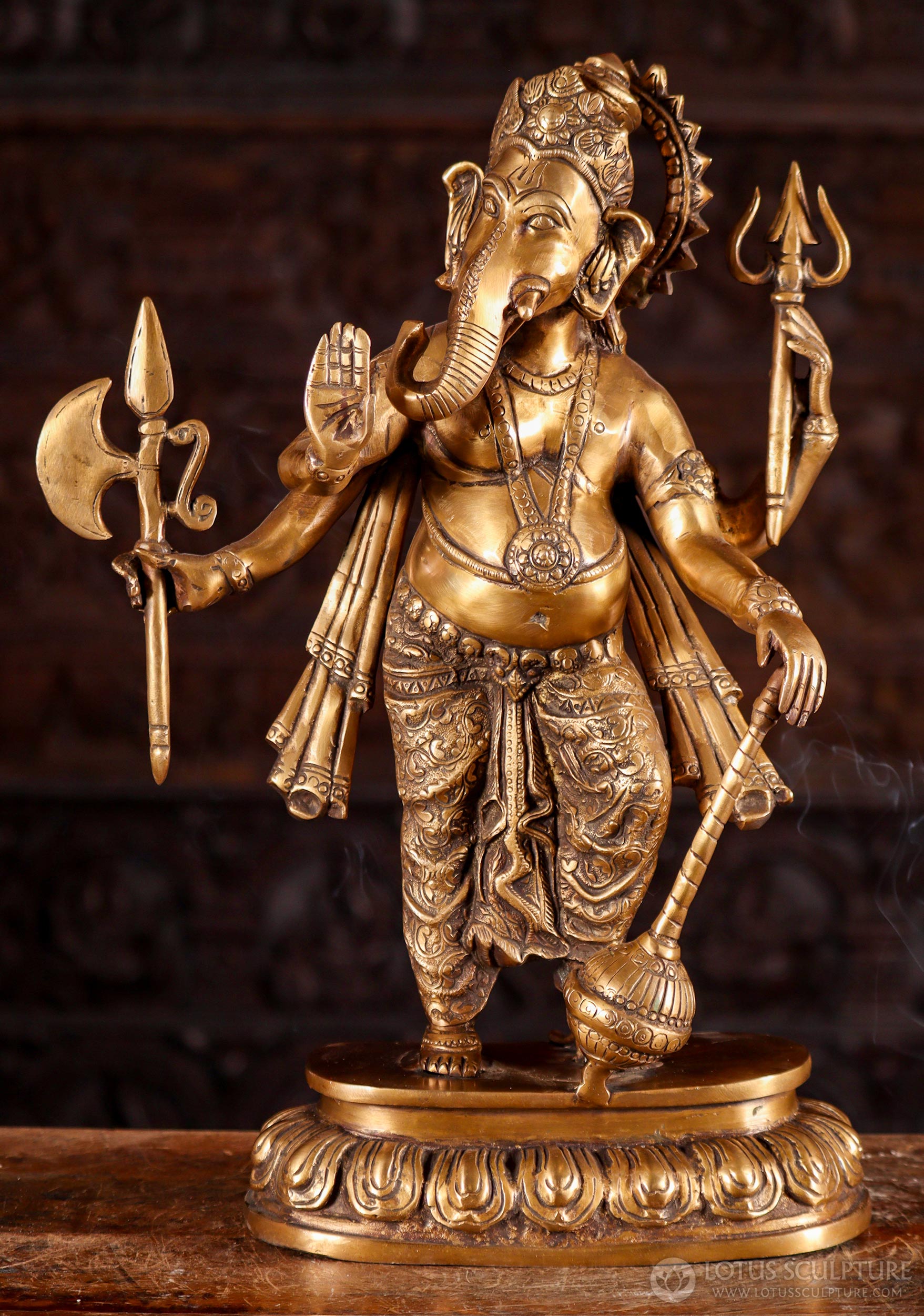 Ganesh Statue with Right Hand Raised in Abhaya Mudra Holding Elephant Goad, Club & Trident 19"