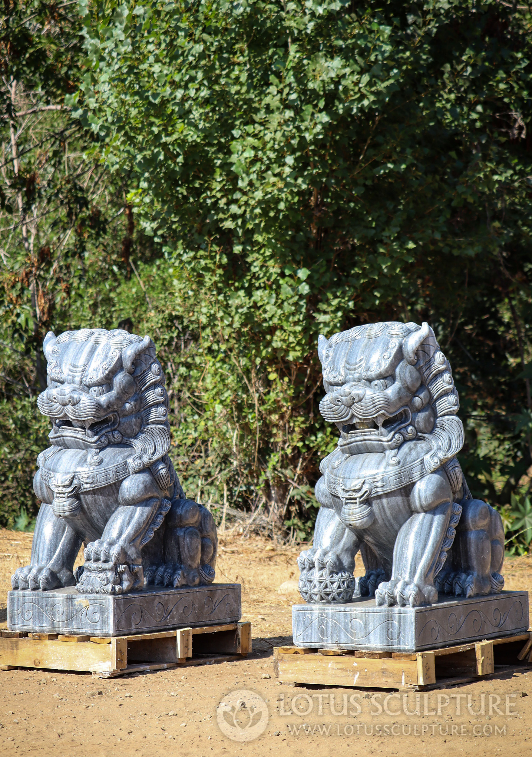 Foo Dogs Shishi Lions - Pair of Hand-Carved Gray Marble Chinese Guardian Lions 42"