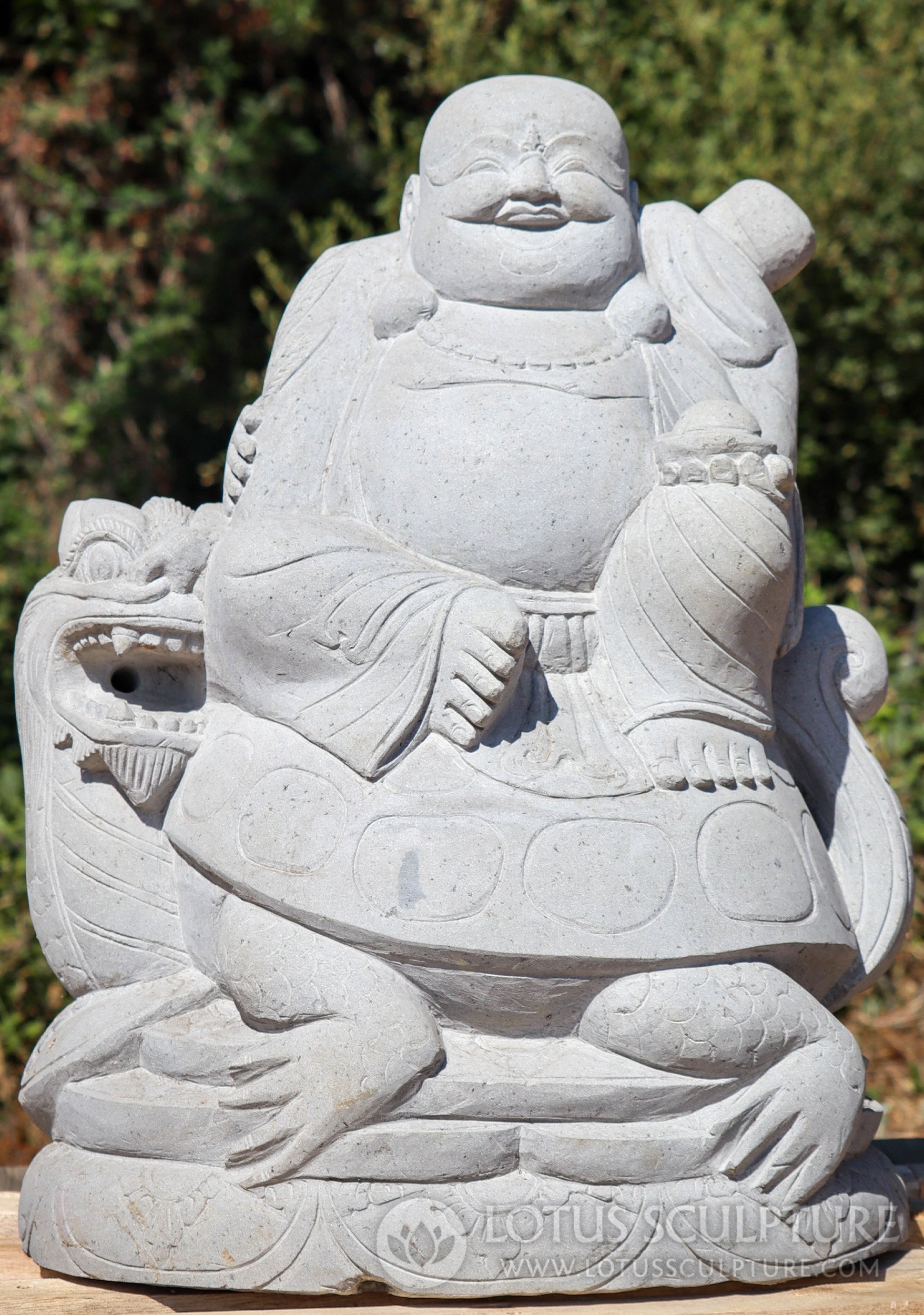 Happy Buddha Seated on Dragon Turtle Fountain - Lava Stone Garden Sculpture 29"