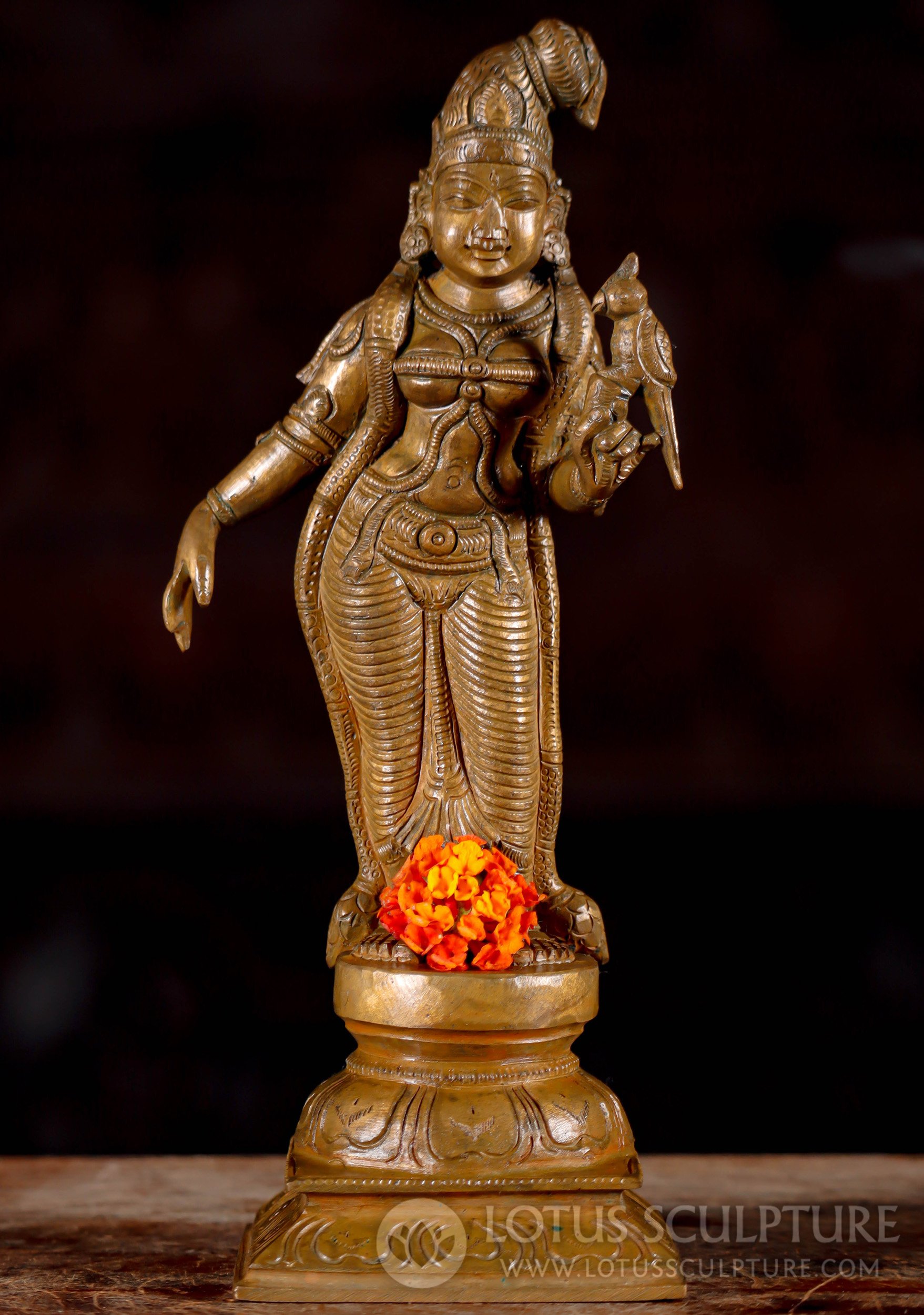 Vaishnavite Saint, Bronze Andal Statue with Parrot Only Female of the 12 Alvar Saints 9.5"