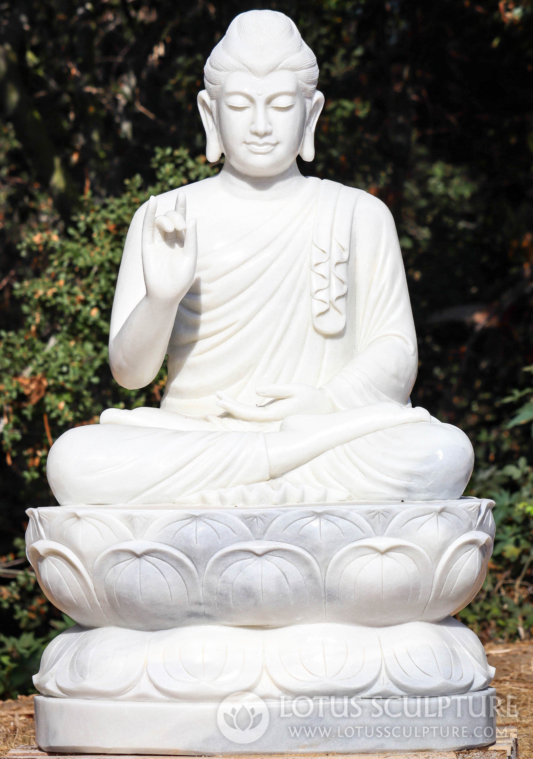 Gandhara Buddha Statue - White Marble Lotus Base in Karana Mudra for Warding Off Evil  48"