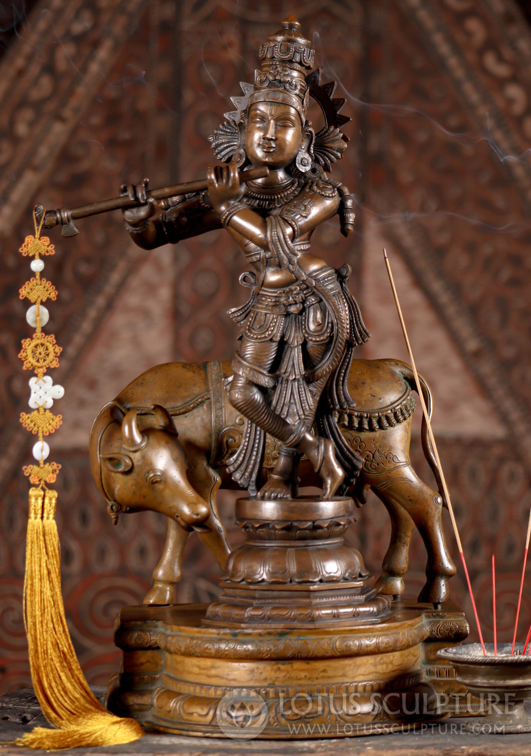 Gopal Krishna Statue with Cow, Removable Figure Indian Bronze God of Love and Compassion 22"