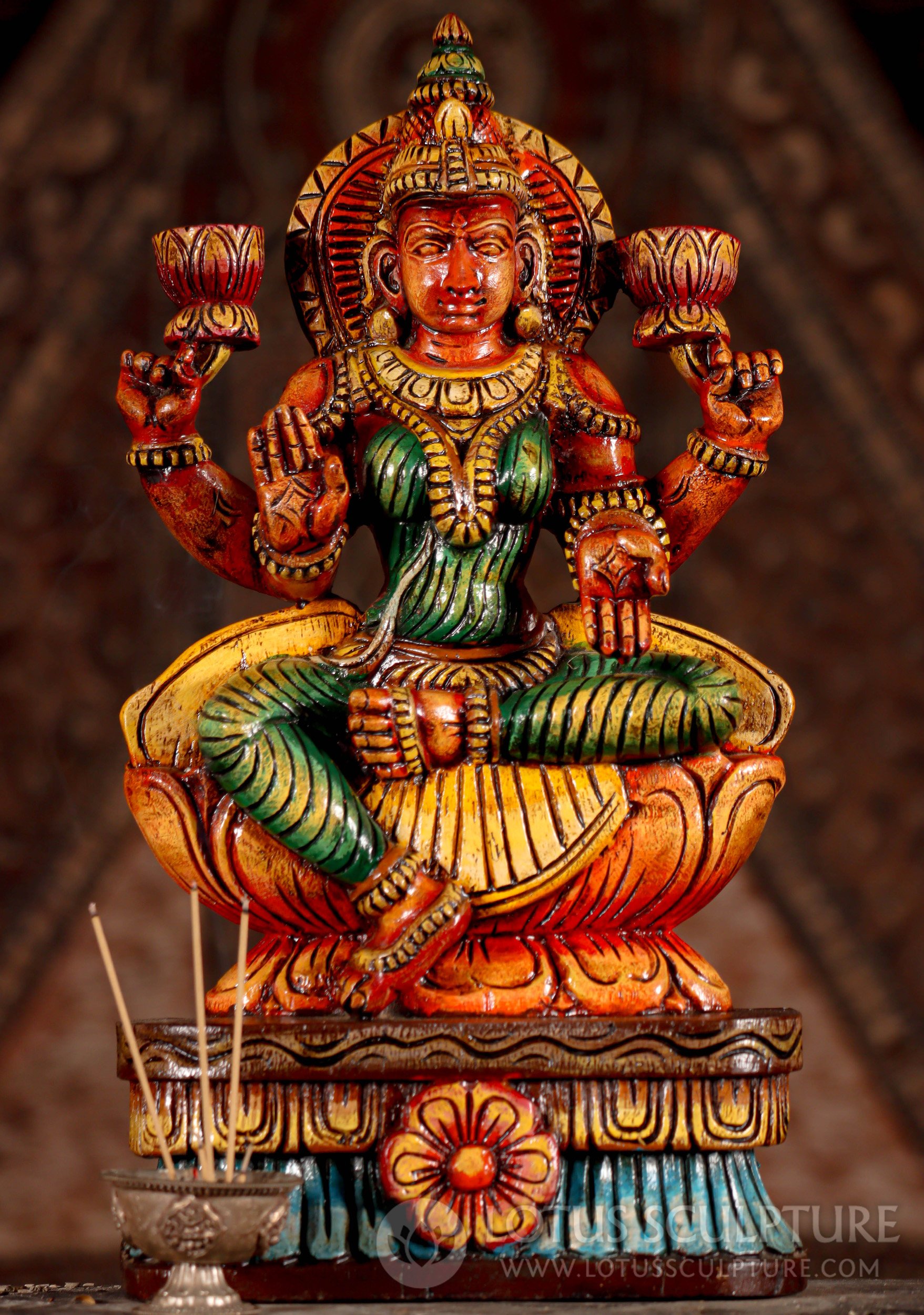 Lakshmi Wooden Sculpture Goddess with Two Lotus Flowers in Abhaya and Varada 18"