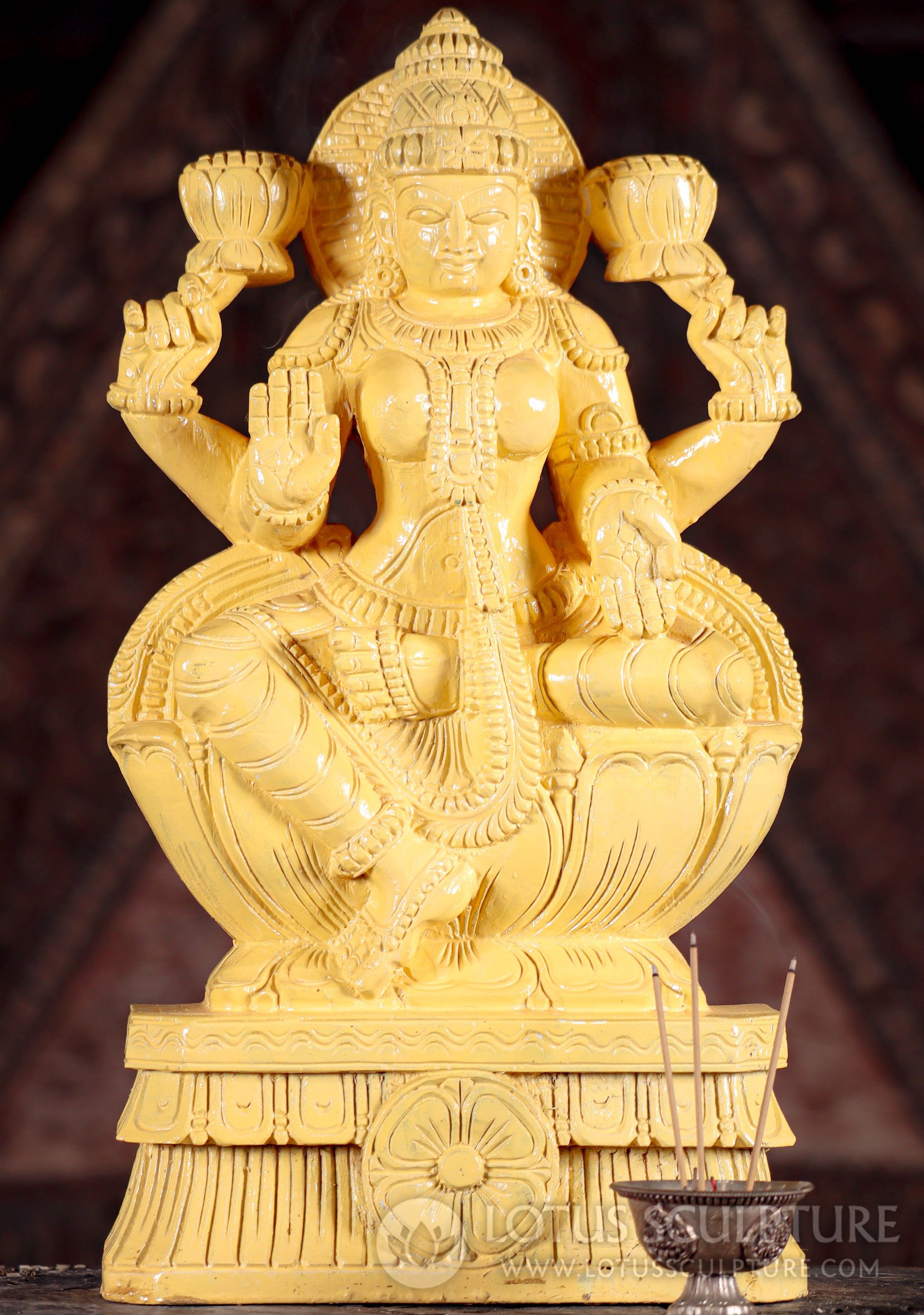 Lakshmi Statue | Seated on Lotus in Lalitasana with Abhaya and Varada Mudras Ivory Wood 18"