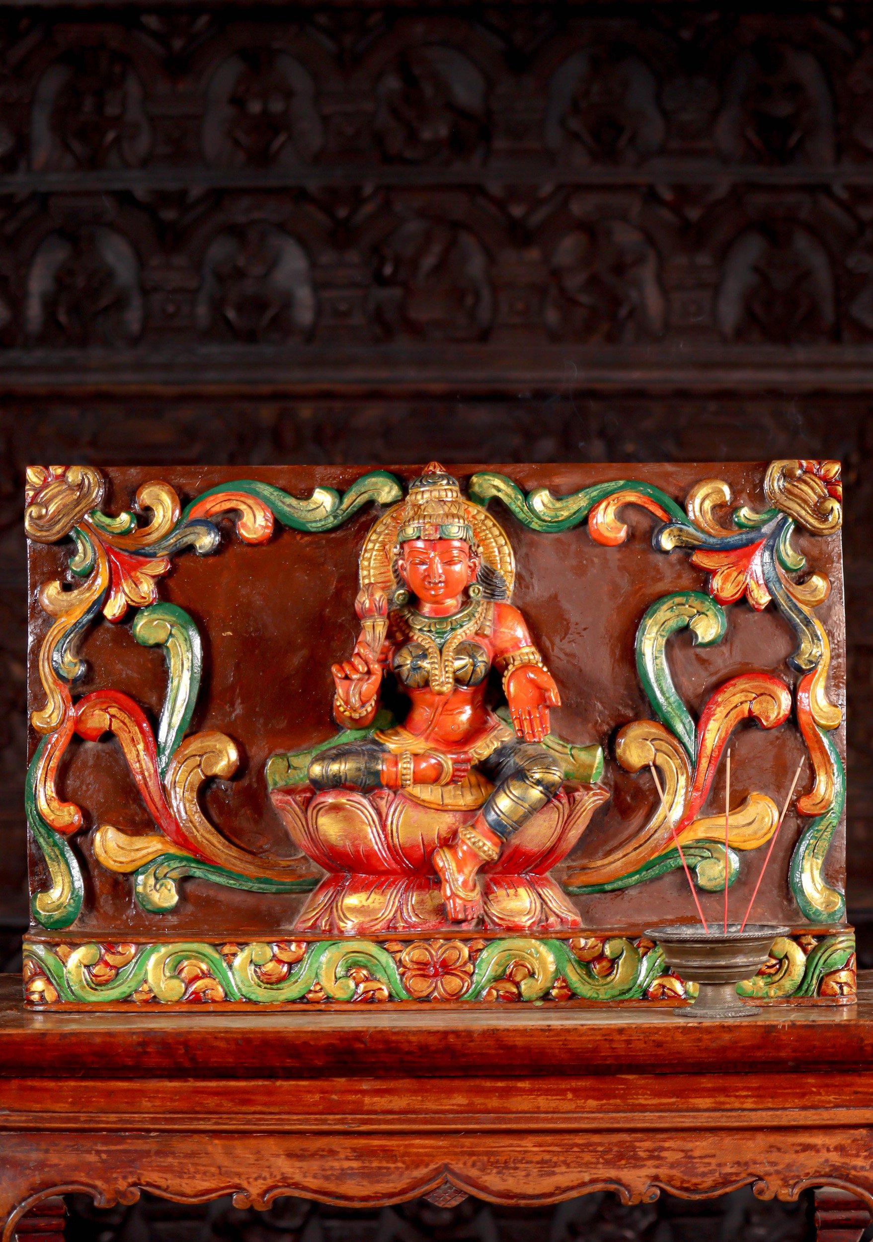 Lakshmi Panel with Lotus Flower | Hand Carved Wood with Vibrant Colors & Decorative Design 24"