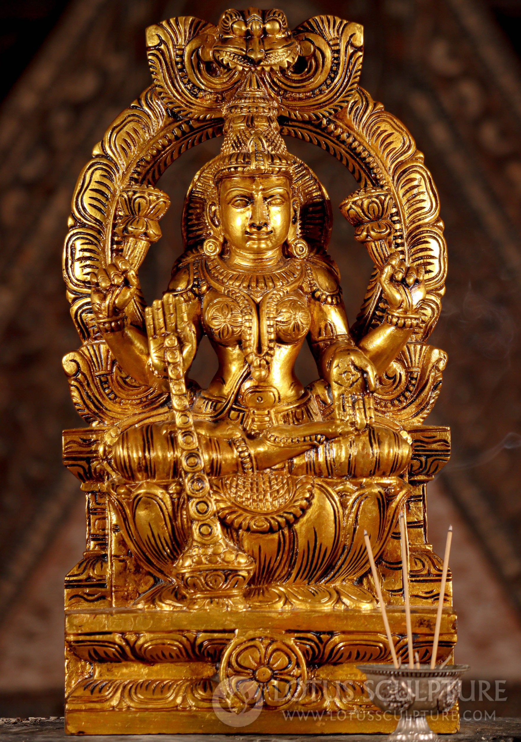 Lakshmi Wooden Statue with Mahakala Arch Abhaya & Varada Mudras Painted Gold 18"