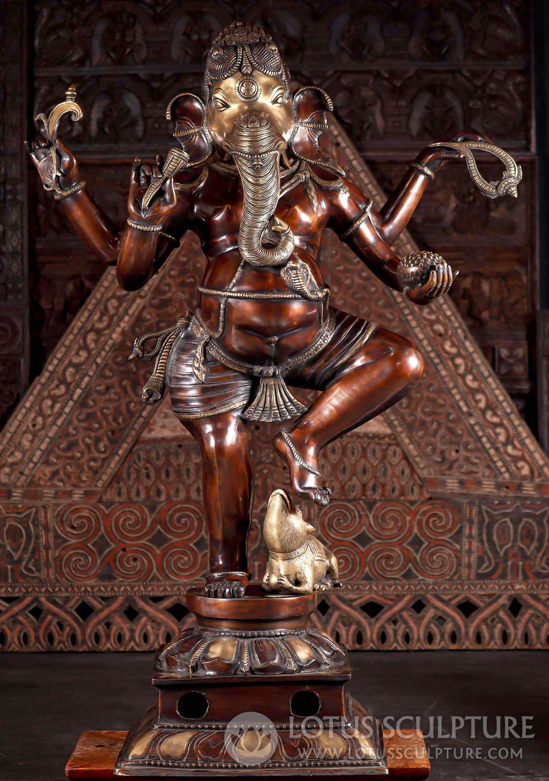 Joyous Ganesh Dancing Large Brass Statue Gold & Copper Finish with Cobra Belt & Mooshika 63"