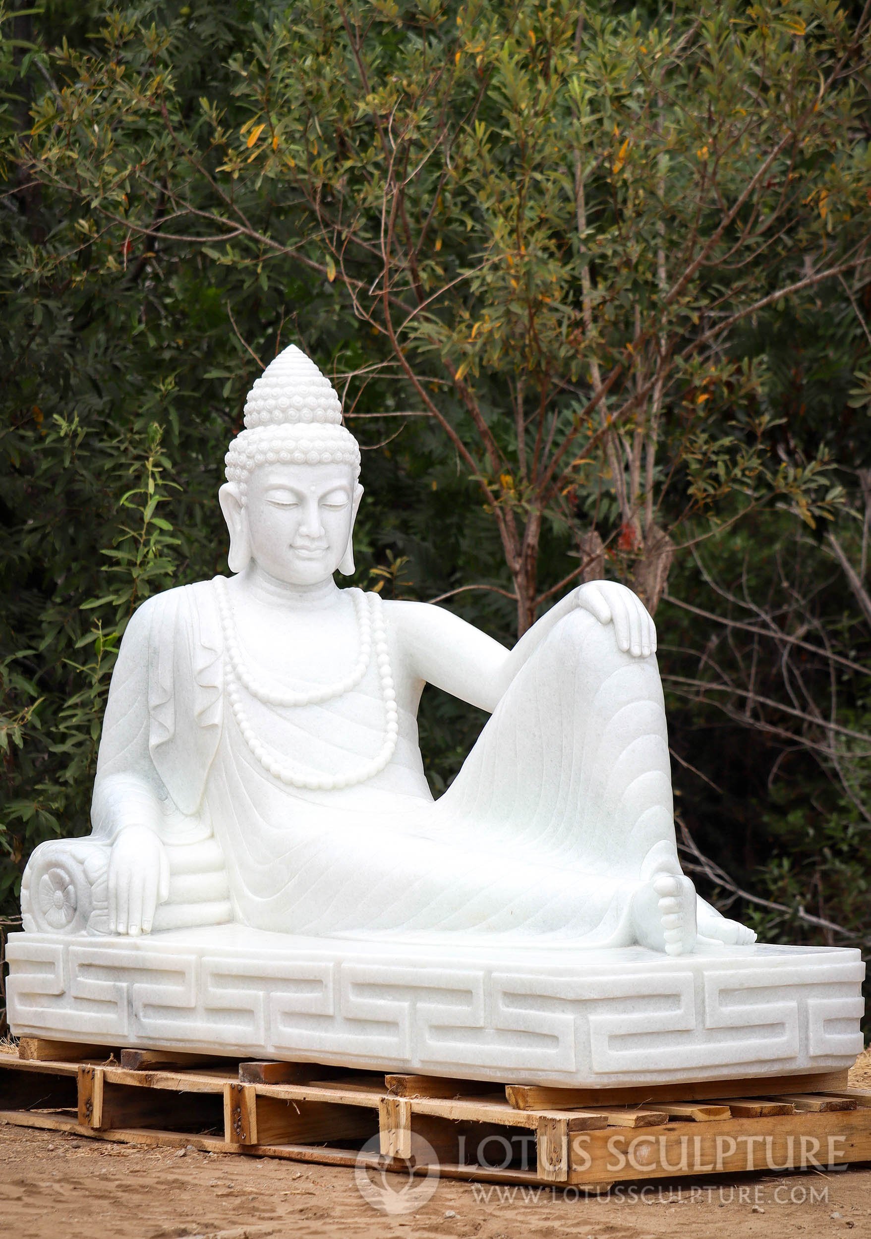 Buddha Large White Marble Garden Sculpture Reclining on Pillow Wearing Full Robes 72"