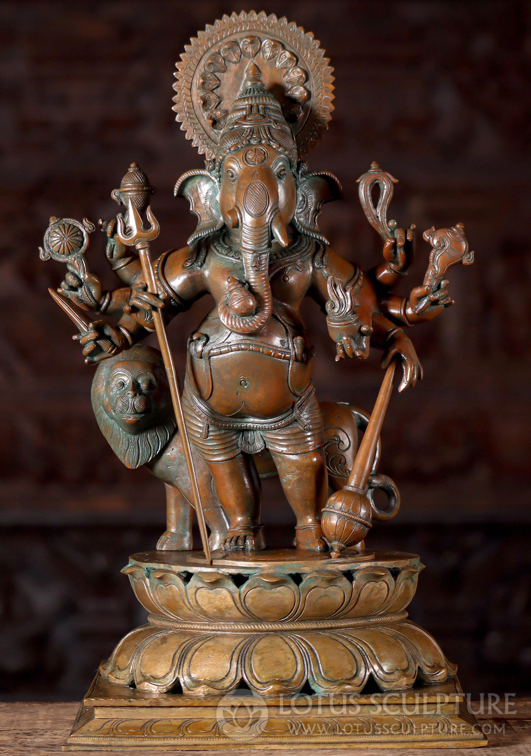 Kandrishti Ganesha Panchaloha Bronze Statue with Eight Arms, Lion and Cobra Halo 18"