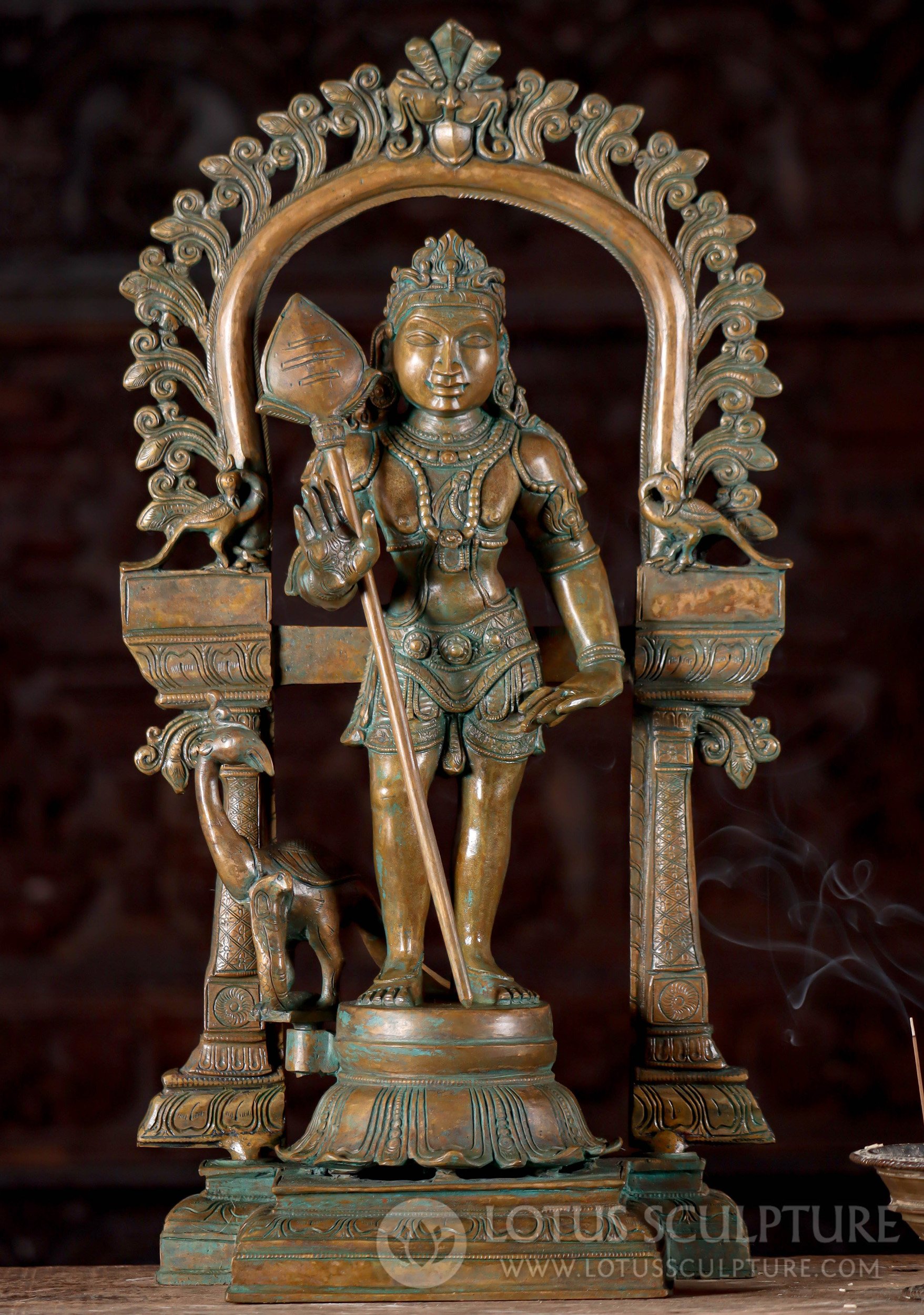 Murugan Statue - Panchaloha Bronze Sculpture with Spear, Cobra, and Peacock Under Arch 22"