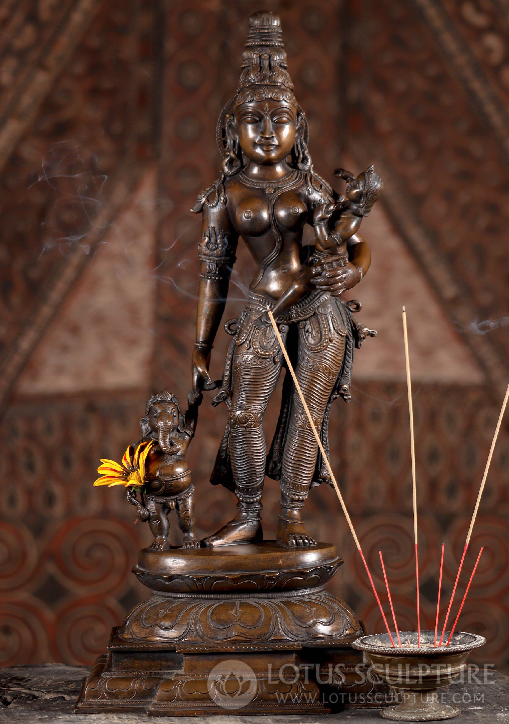 Parvati with Sons Ganesh & Murugan  Beautiful Indian Bronze Murti of Loving & Motherly Goddess 23"