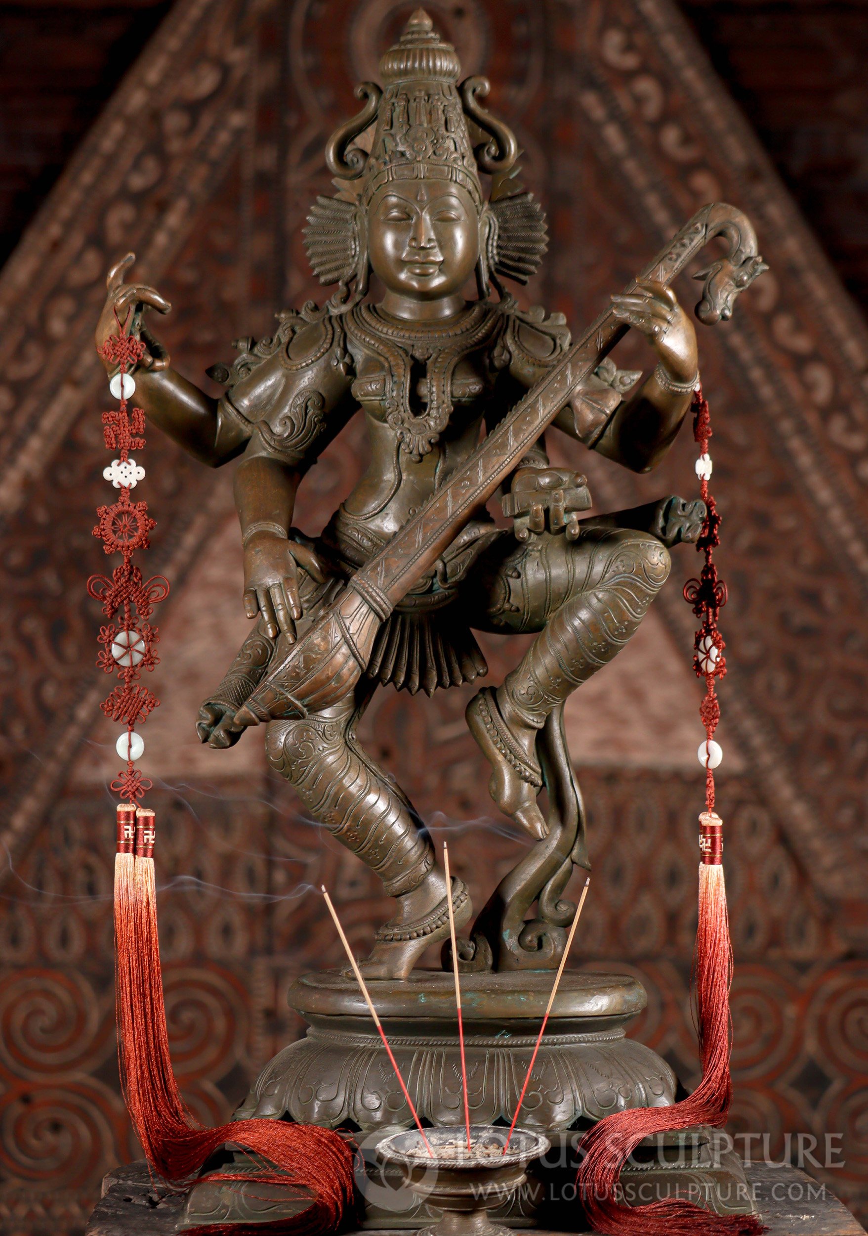 Saraswati Bronze Statue Hindu Goddess of Knowledge, Dancing While Playing Veena 31"