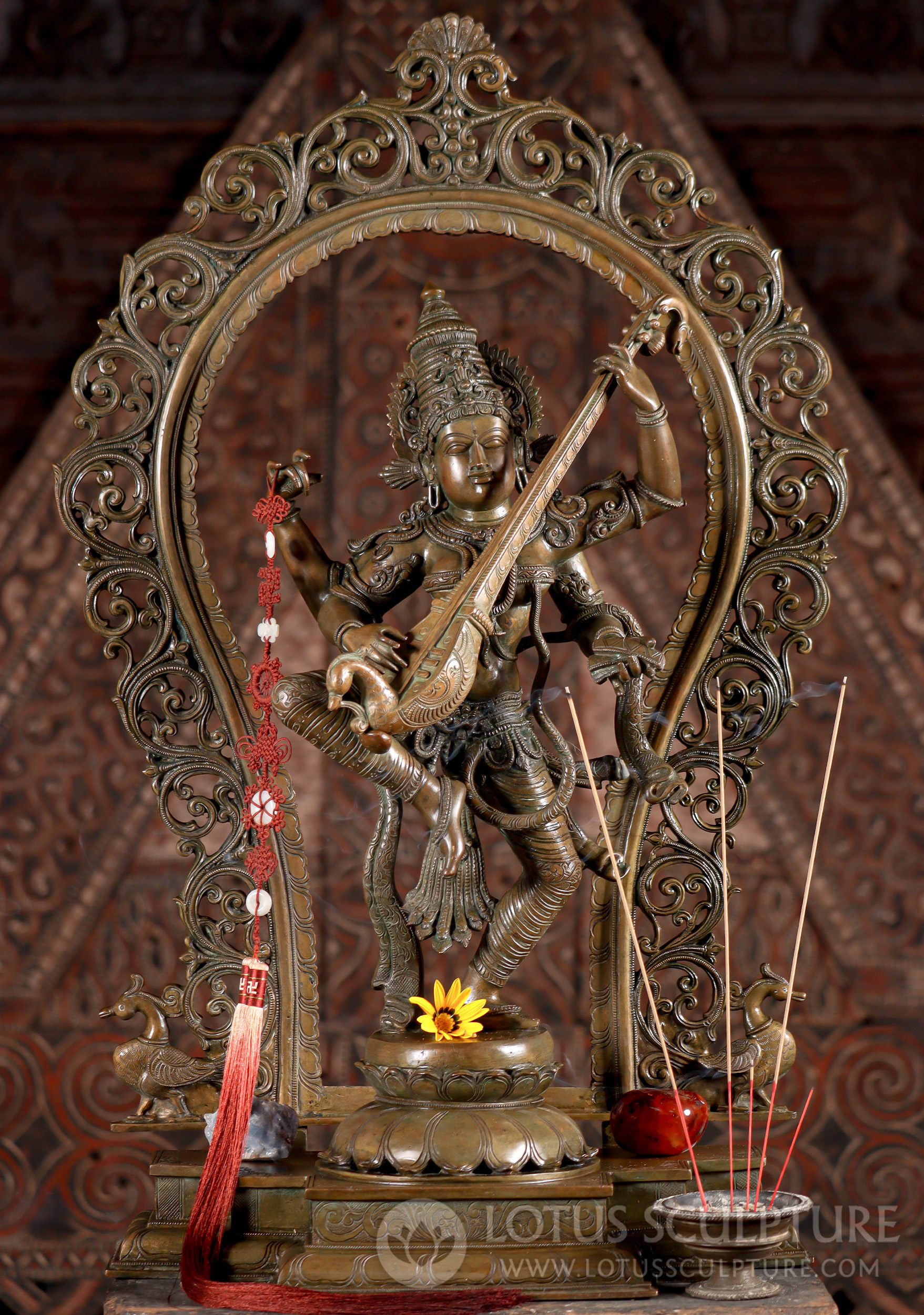 Saraswati Statue Dancing with Veena, Removable Arch Bronze 34" with discount