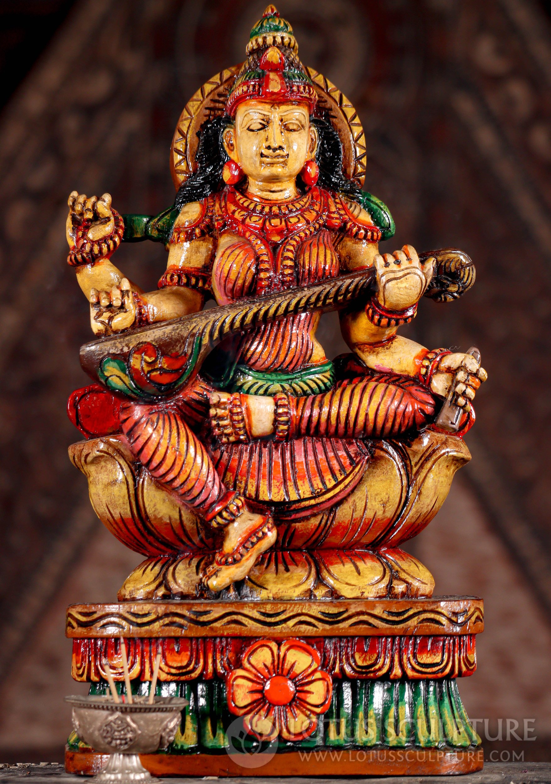 Saraswati Wooden Sculpture Goddess with Veena, Mala, and Vedas Seated on Lotus 18"