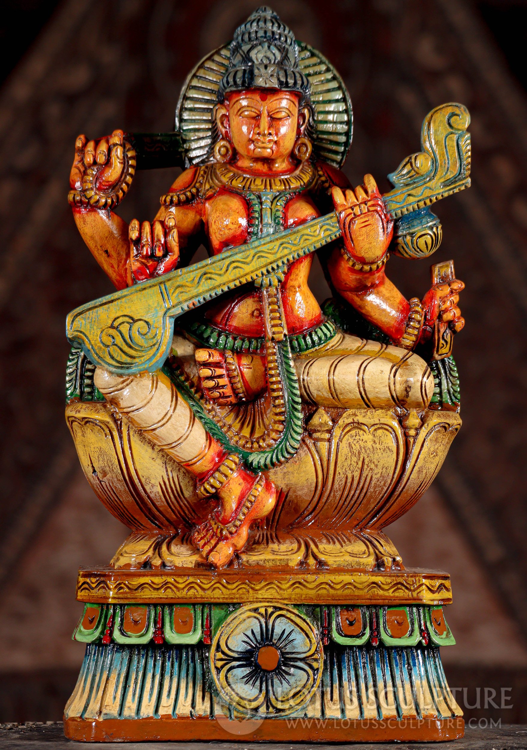 Saraswati Statue Wooden Goddess of Wisdom Sculpture Seated on Lotus, Playing Veena 18"