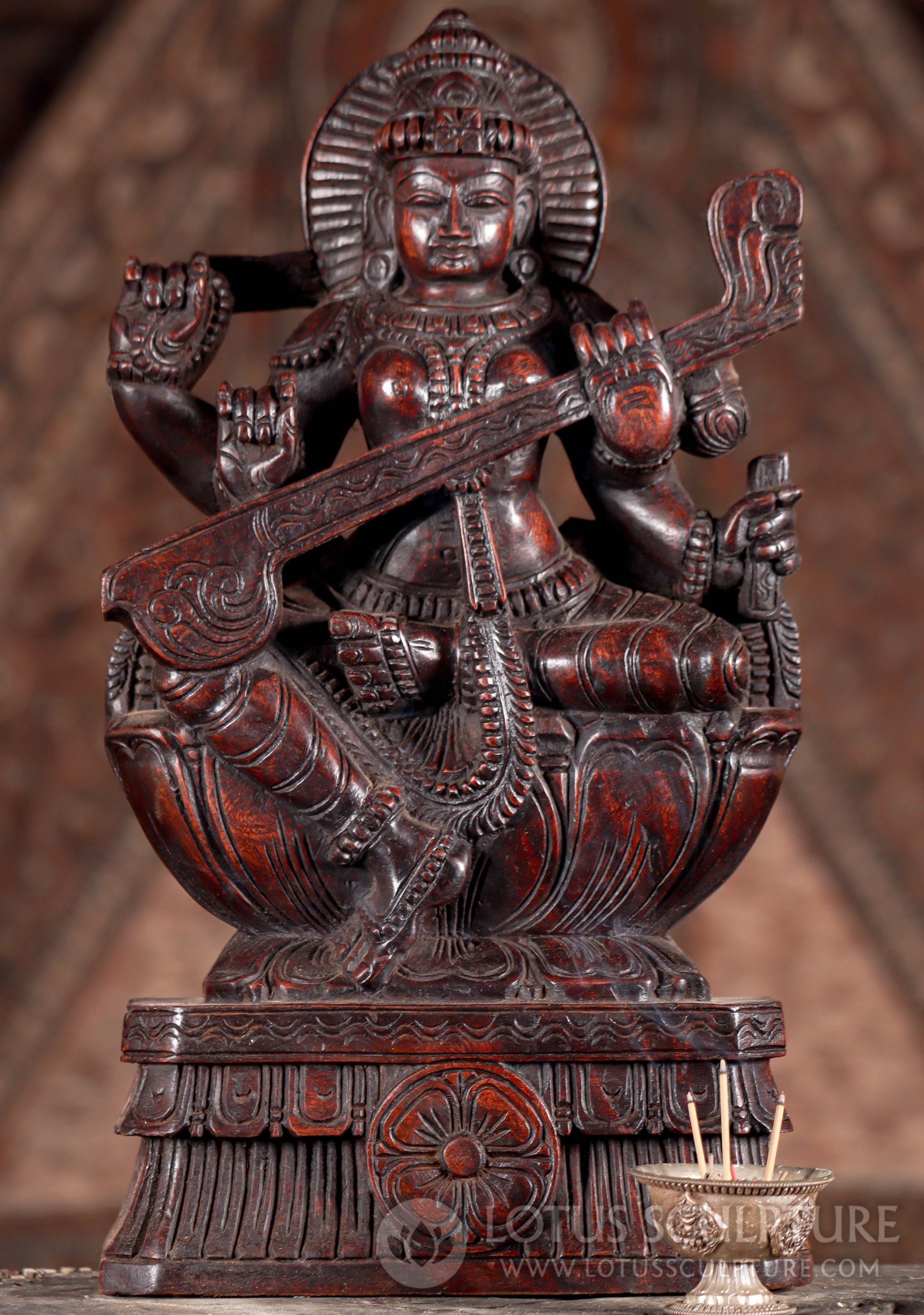 Saraswati Hand-Carved Wooden Statue Playing Veena Hindu Goddess of Wisdom on Lotus Base 18"