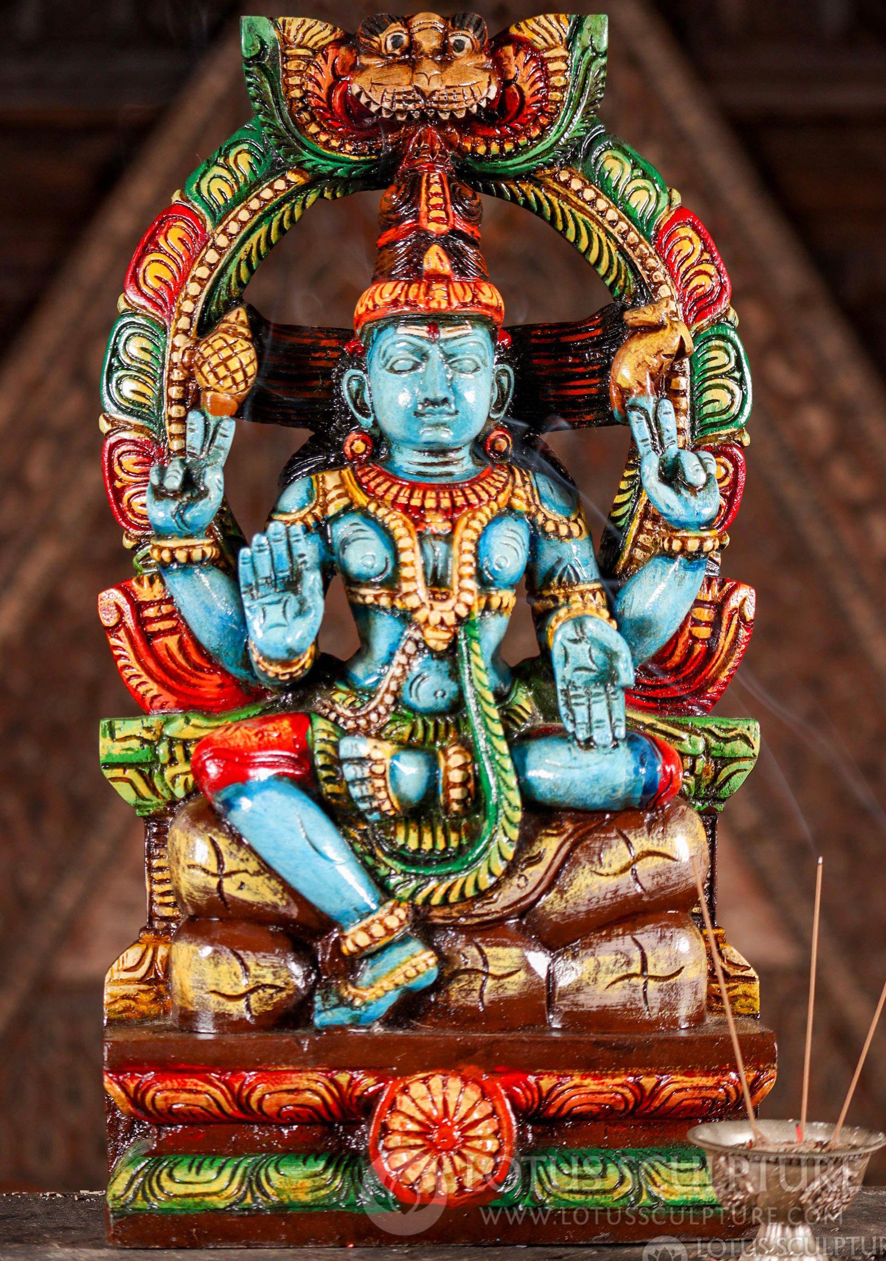 Shiva Hand-Carved Wooden Statue Under Arch Hindu God Seated on Mount Kailash 18"