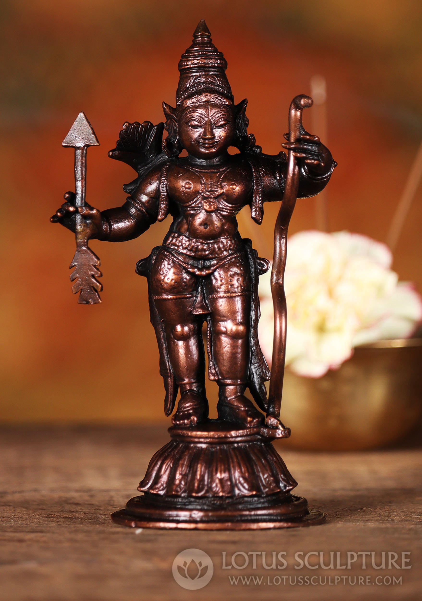 Lord Rama - Indian Copper with Bow and Arrow, Conical Headdress on Lotus Base 5"