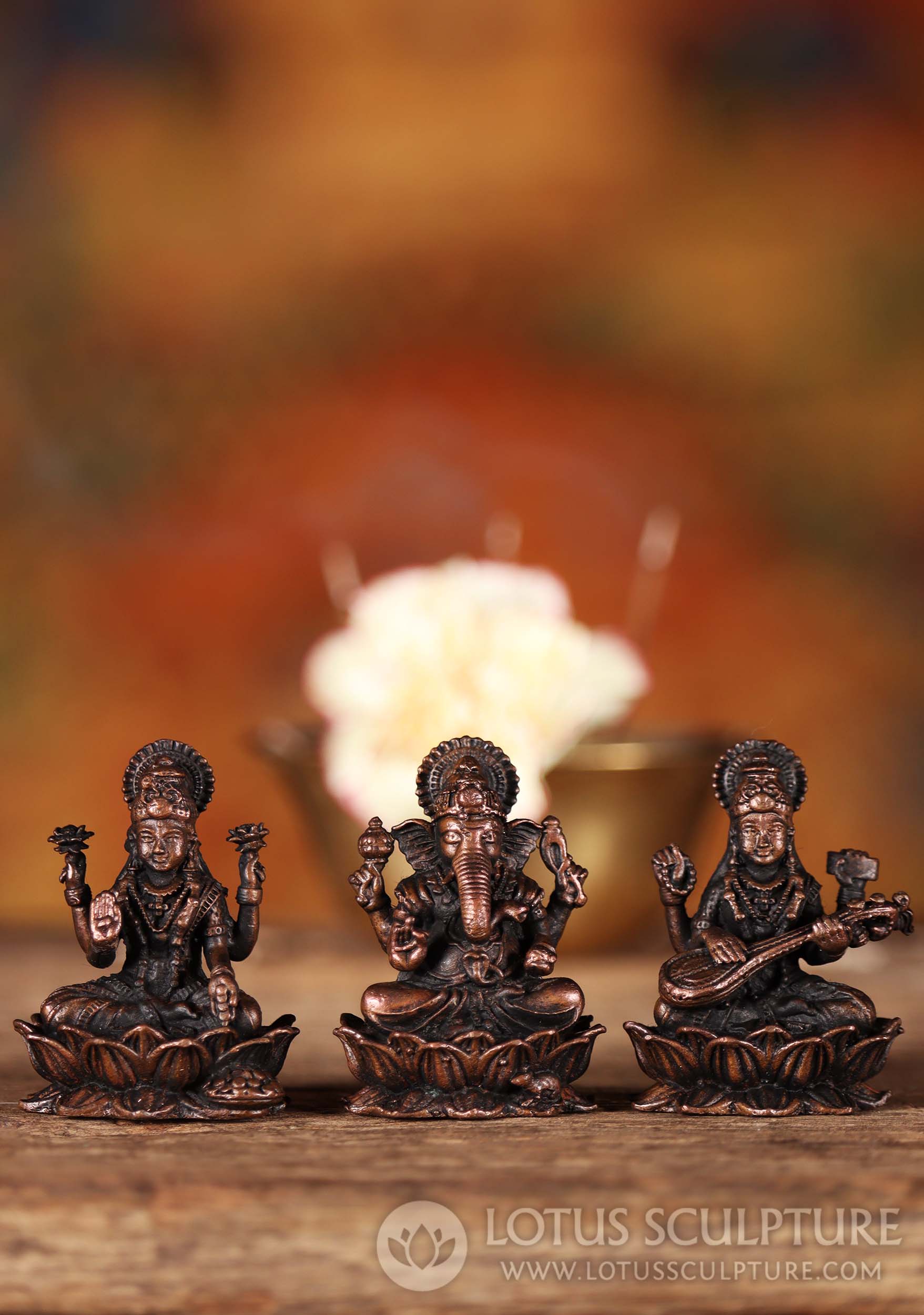 Ganesh, Lakshmi, and Saraswati Statues | Small Set of Copper Hindu Gods on Lotus Bases 2"