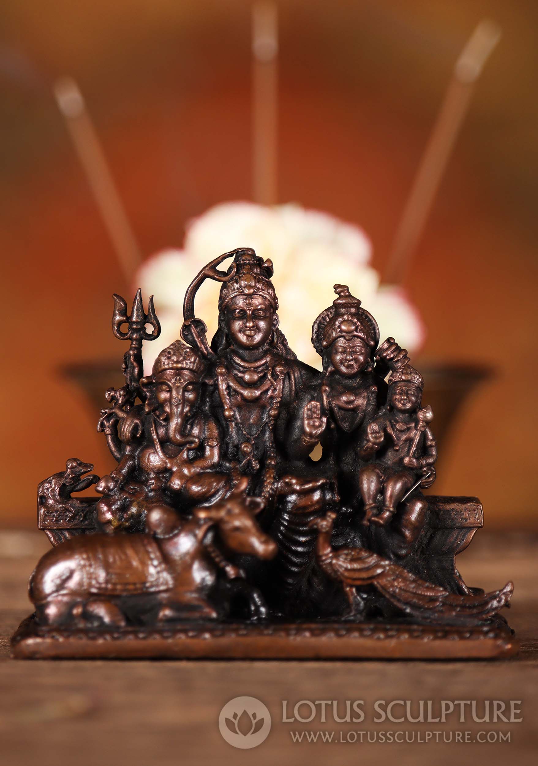 Shiva Family Copper Statue with Parvati, Murugan, Ganesh, Nandi, Peacock, and Mooshika 2.5"