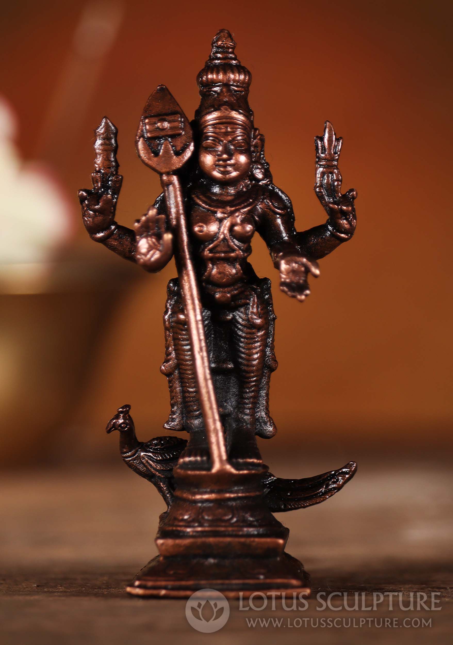 Murugan Copper Statue on Lotus Base with Peacock, Spear, and Abhaya & Varada Mudras 3"