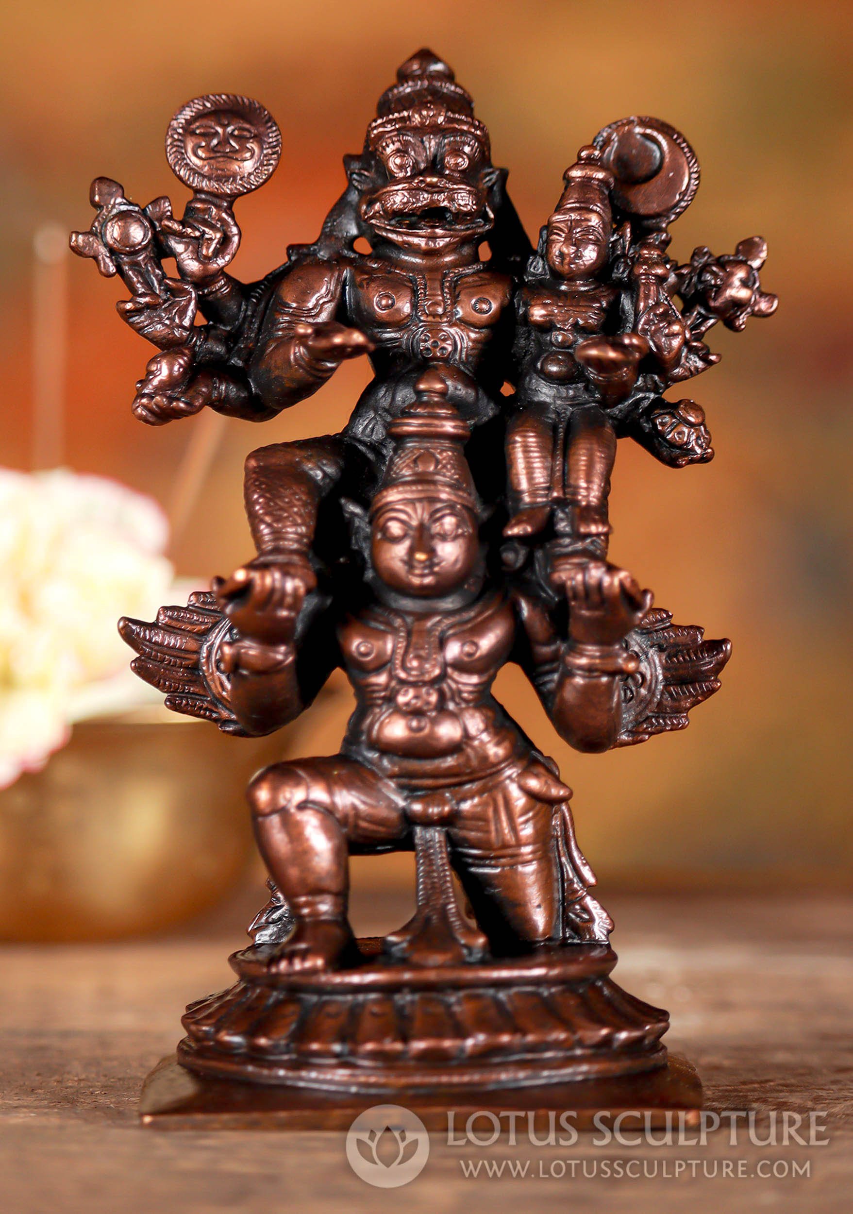 Narasimha on Garuda's Shoulders - Small Indian Copper Hindu Deities with Lakshmi 5.5"