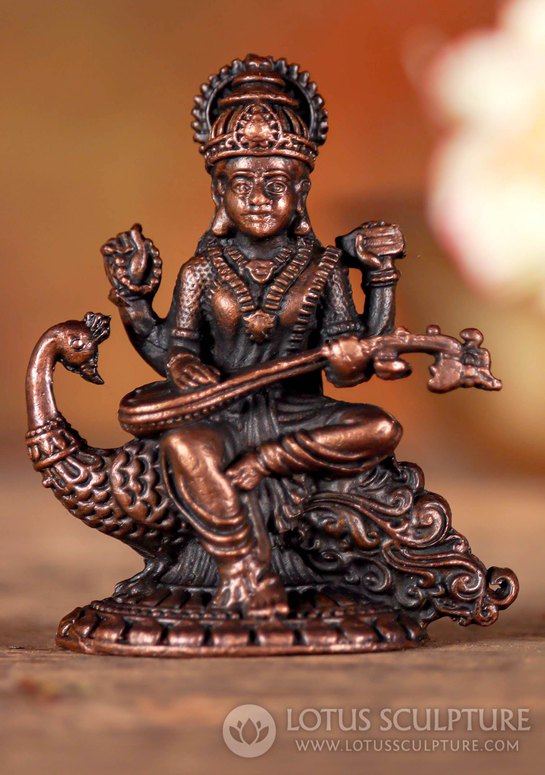 Saraswati Statue Seated on Peacock Playing Veena with Vedas and Mala Indian Copper 2.5"