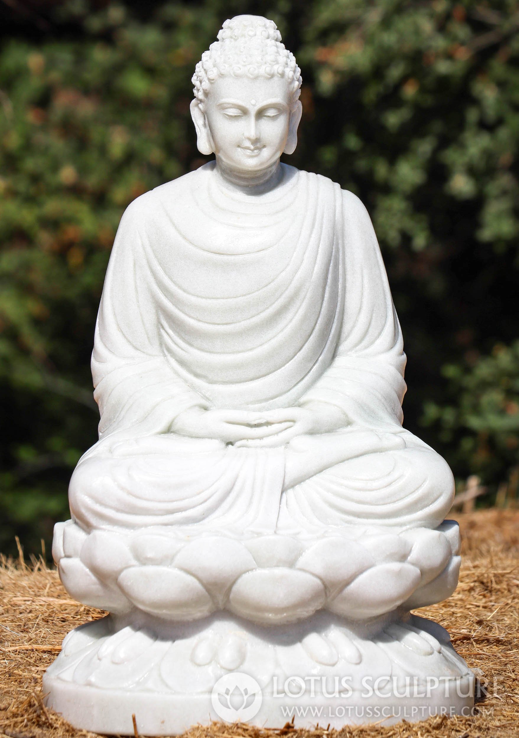 Buddha Garden Sculpture Hand-Carved White Marble Meditation in Dhyana Mudra 25"