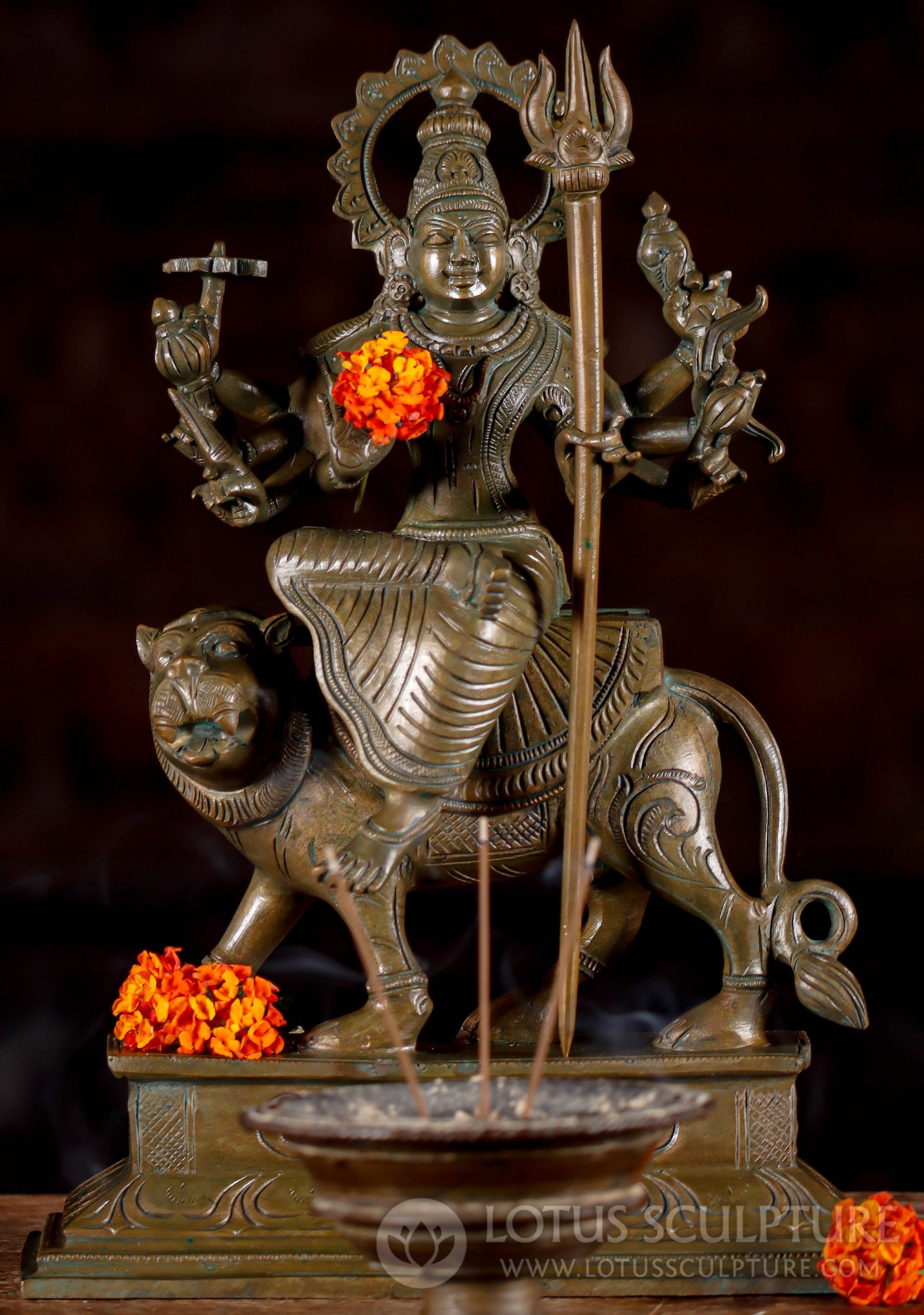 RESERVED Durga on Lion Statue - Indian Bronze - Hindu Goddess in Abhaya with Trident 12"