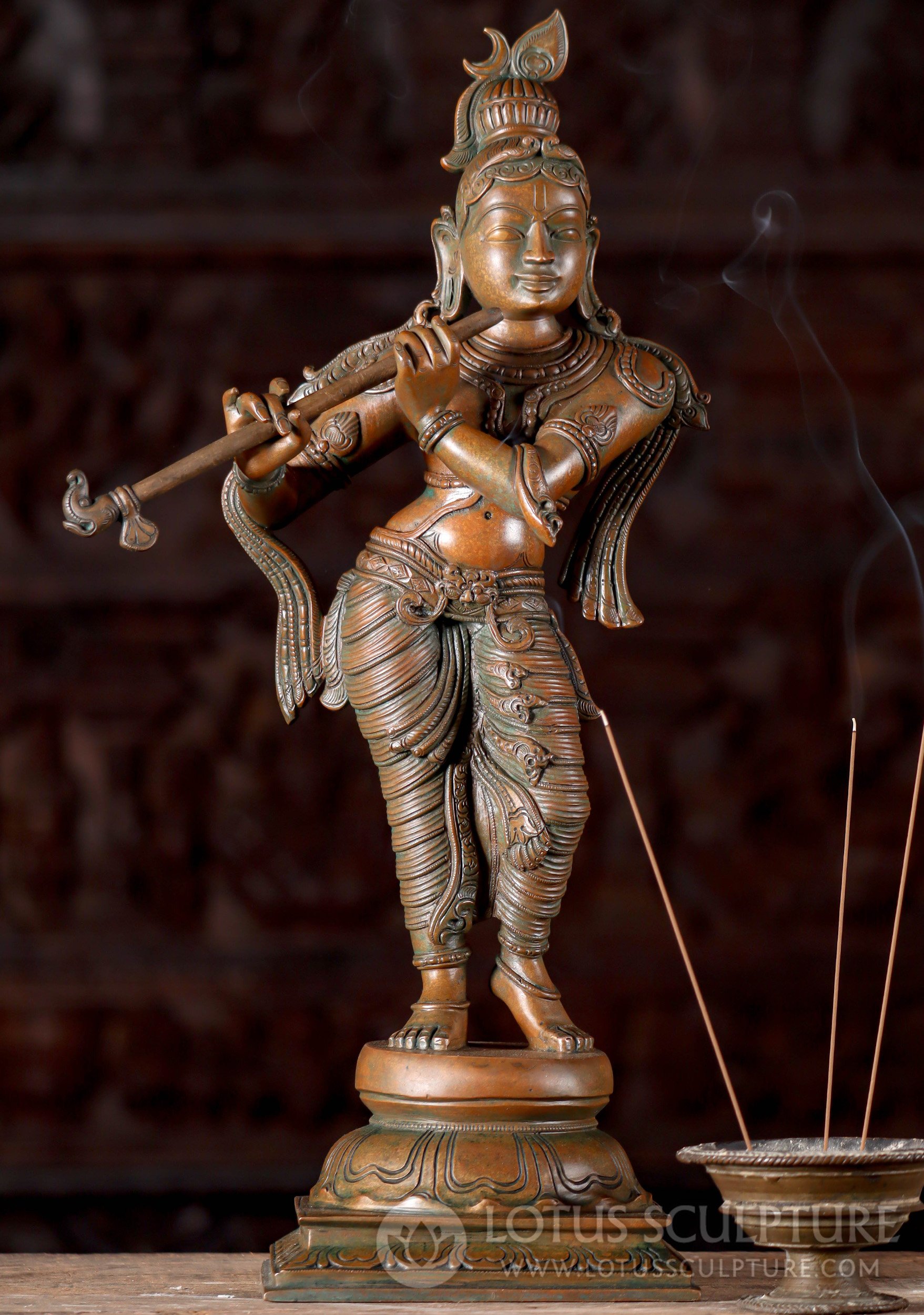 RESERVED Gopal Krishna Sculpture Indian Bronze with Flute and Crescent Moon 20"