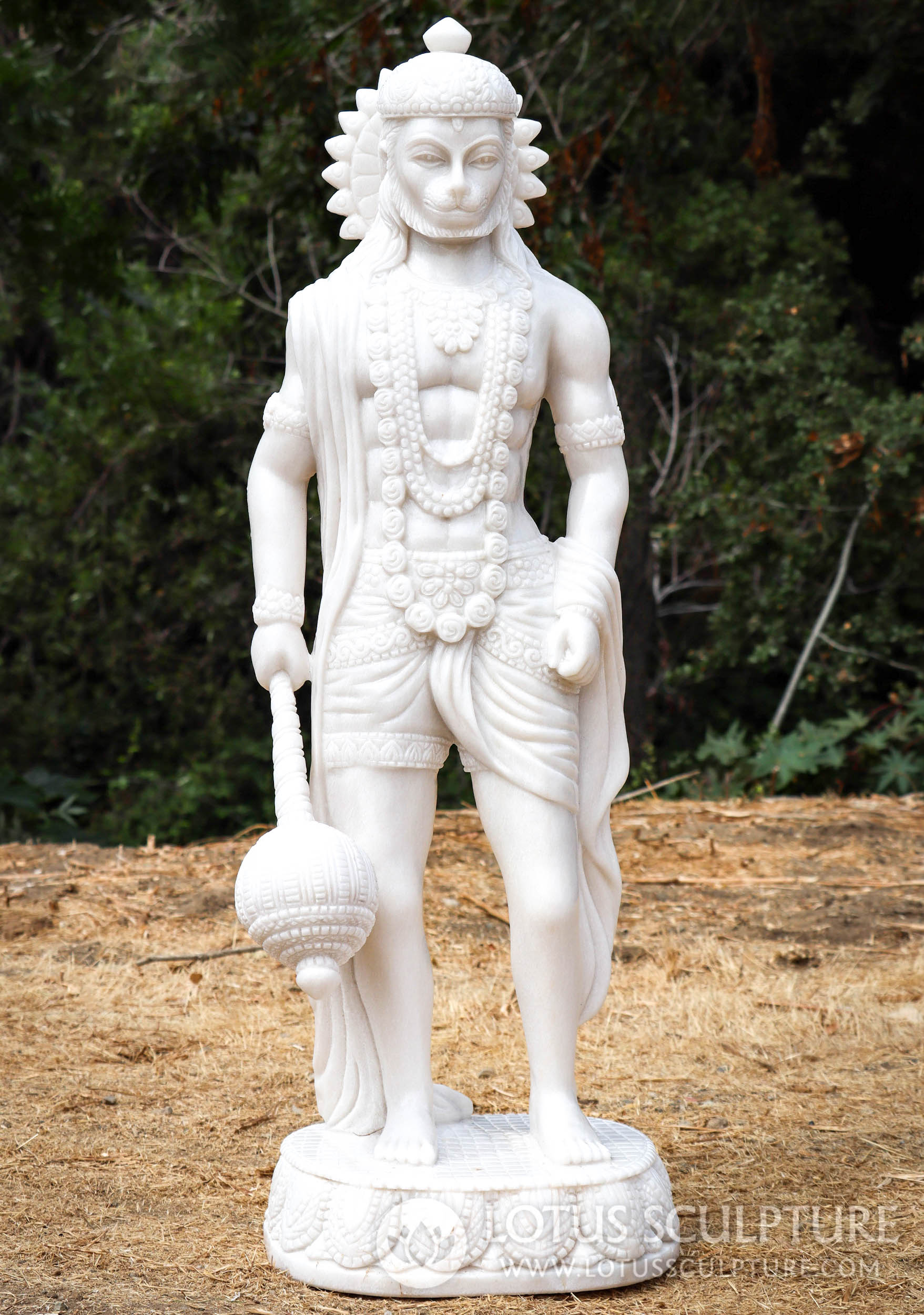 Hanuman Hindu Monkey God with Chakra Halo and Gada White Marble Sculpture 44"