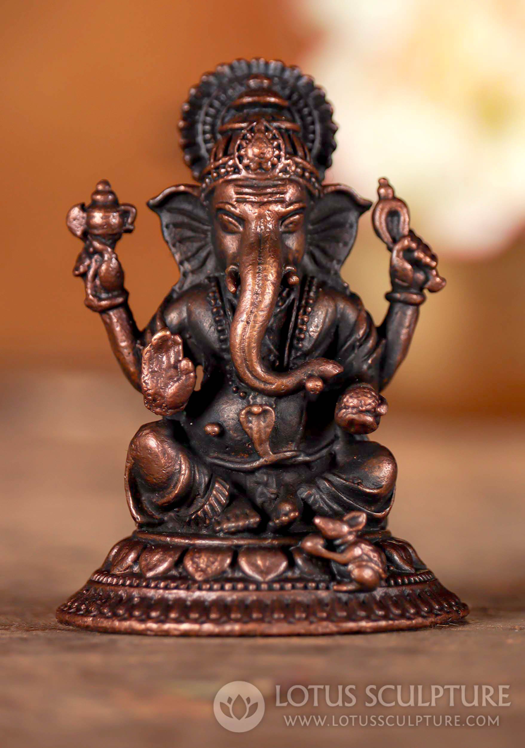 Ganesha Statue Seated on Lotus Petal Base Indian Copper with Mooshika, Cobra Belt 2"