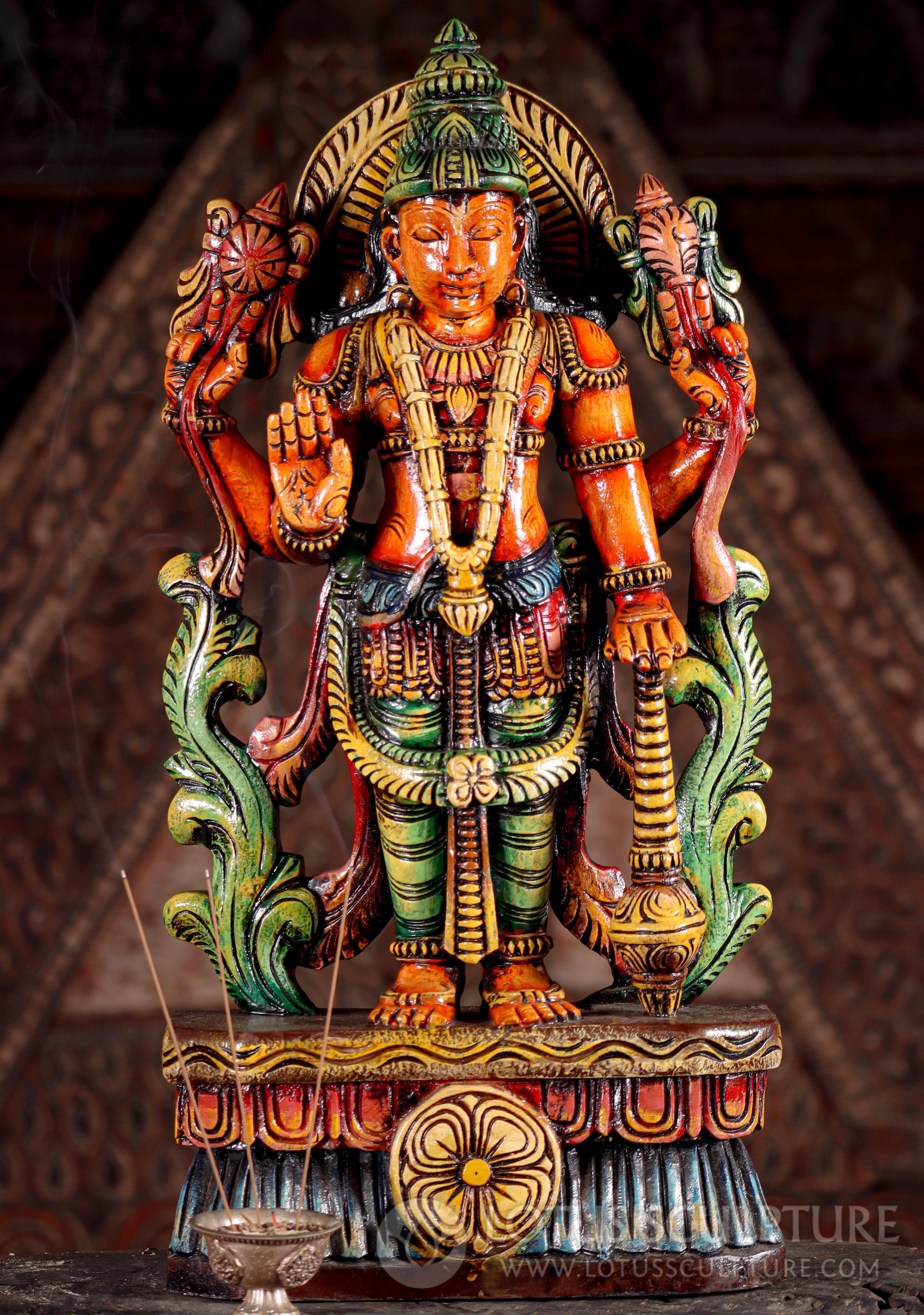 Vishnu Hindu God Sculpture in Abhaya Mudra with Club Hand Carved & Painted 24"