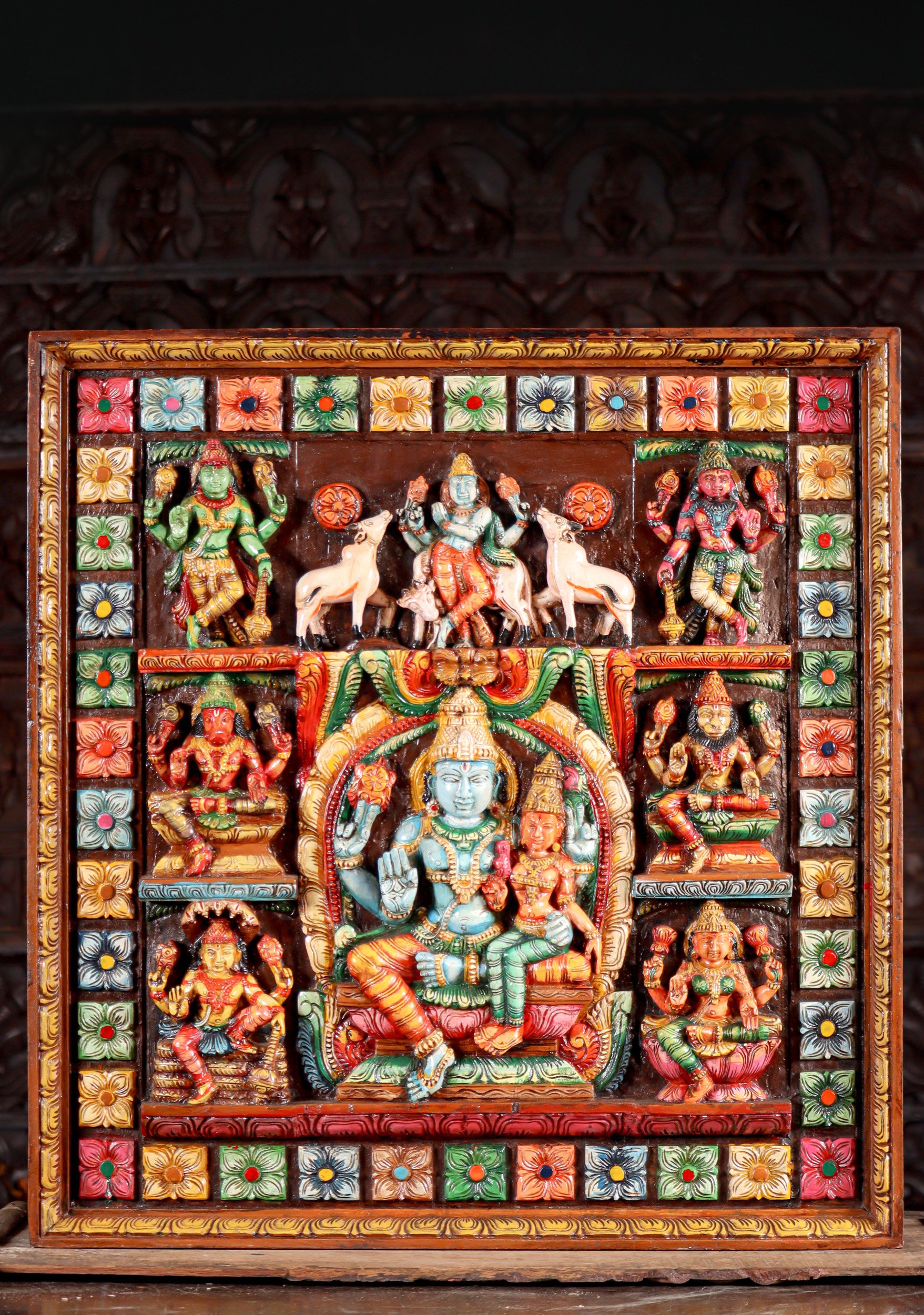 Vishnu, Lakshmi & Krishna Panel | Hindu Deity Wood Sculpture with Depictions of Avatars 31"