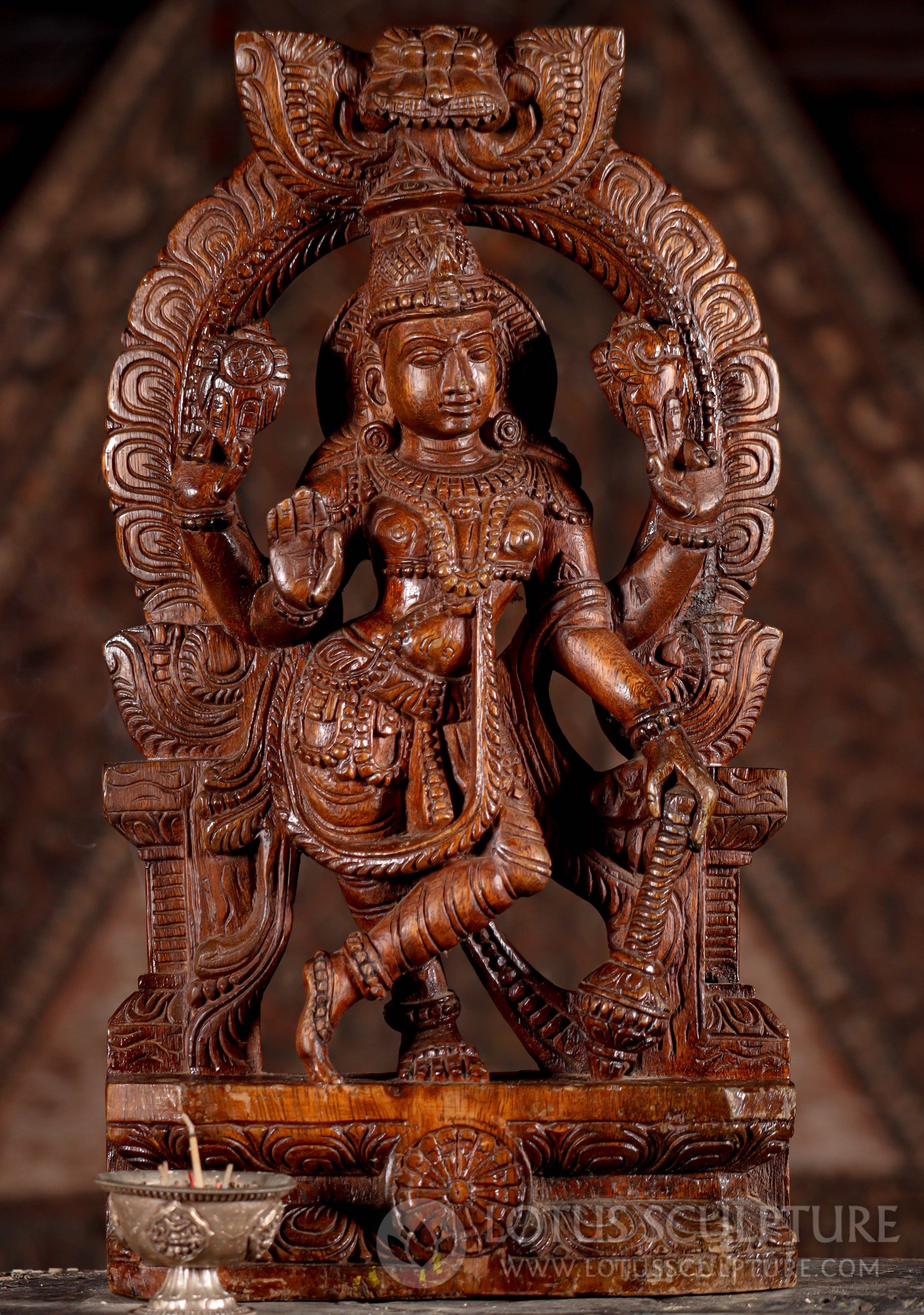 Vishnu Wood Statue Under Mahakala Arch Abhaya Mudra, Gada, Discus & Conch 18"