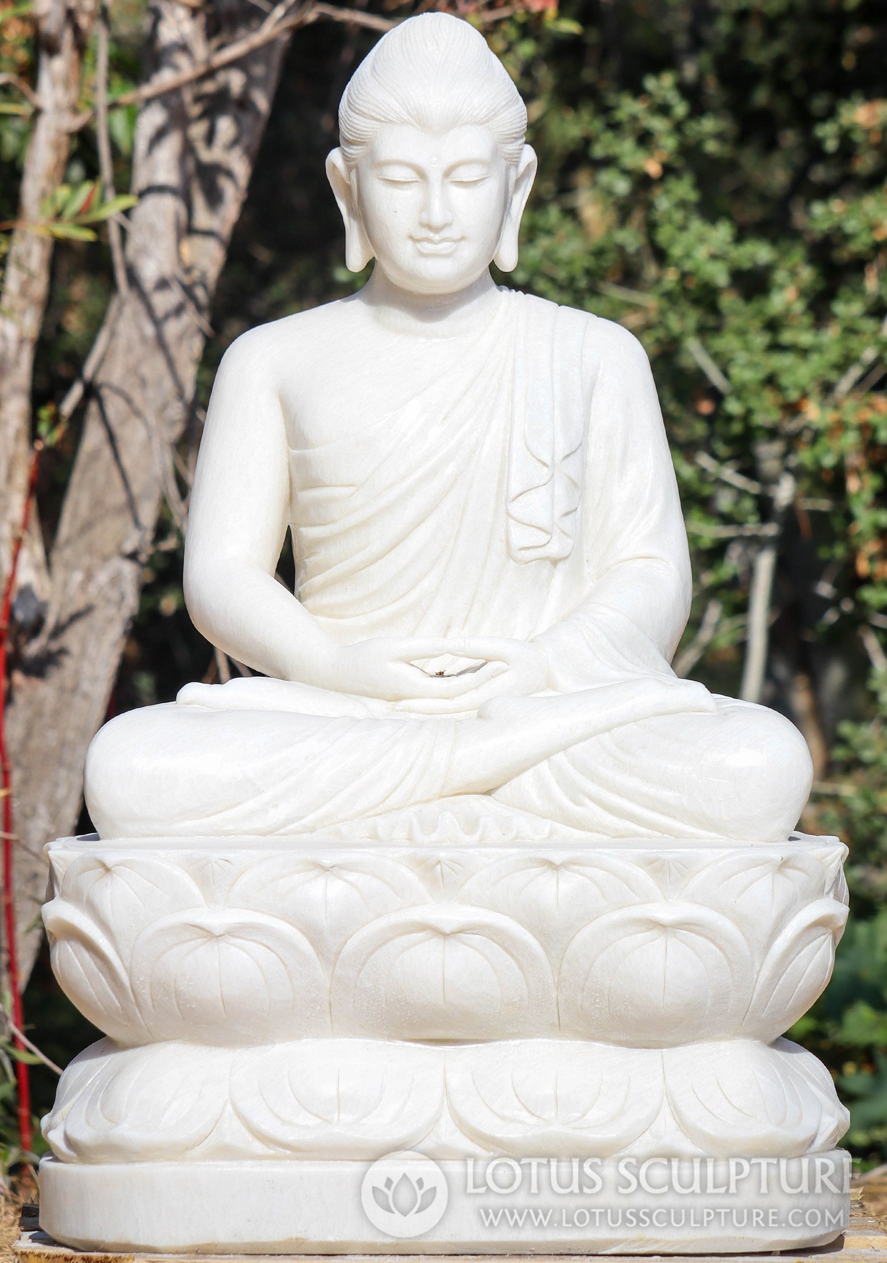 White Marble Gandhara Style Buddha Statue Meditating on Lotus Perfect for the Garden 37"