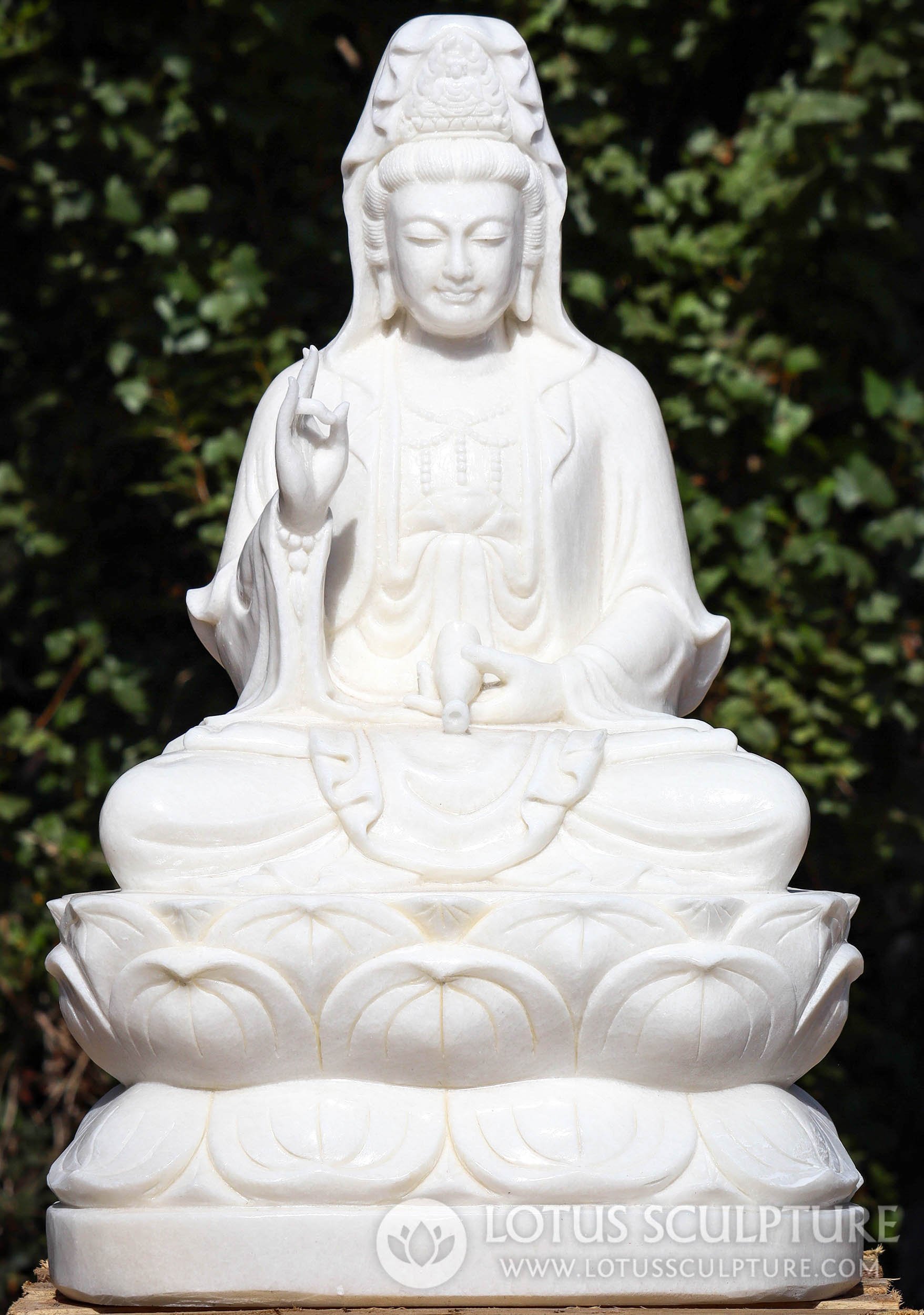 Kwan Yin Bodhisattva of Compassion Marble Statue on Lotus Base with Vase of Nectar 31"