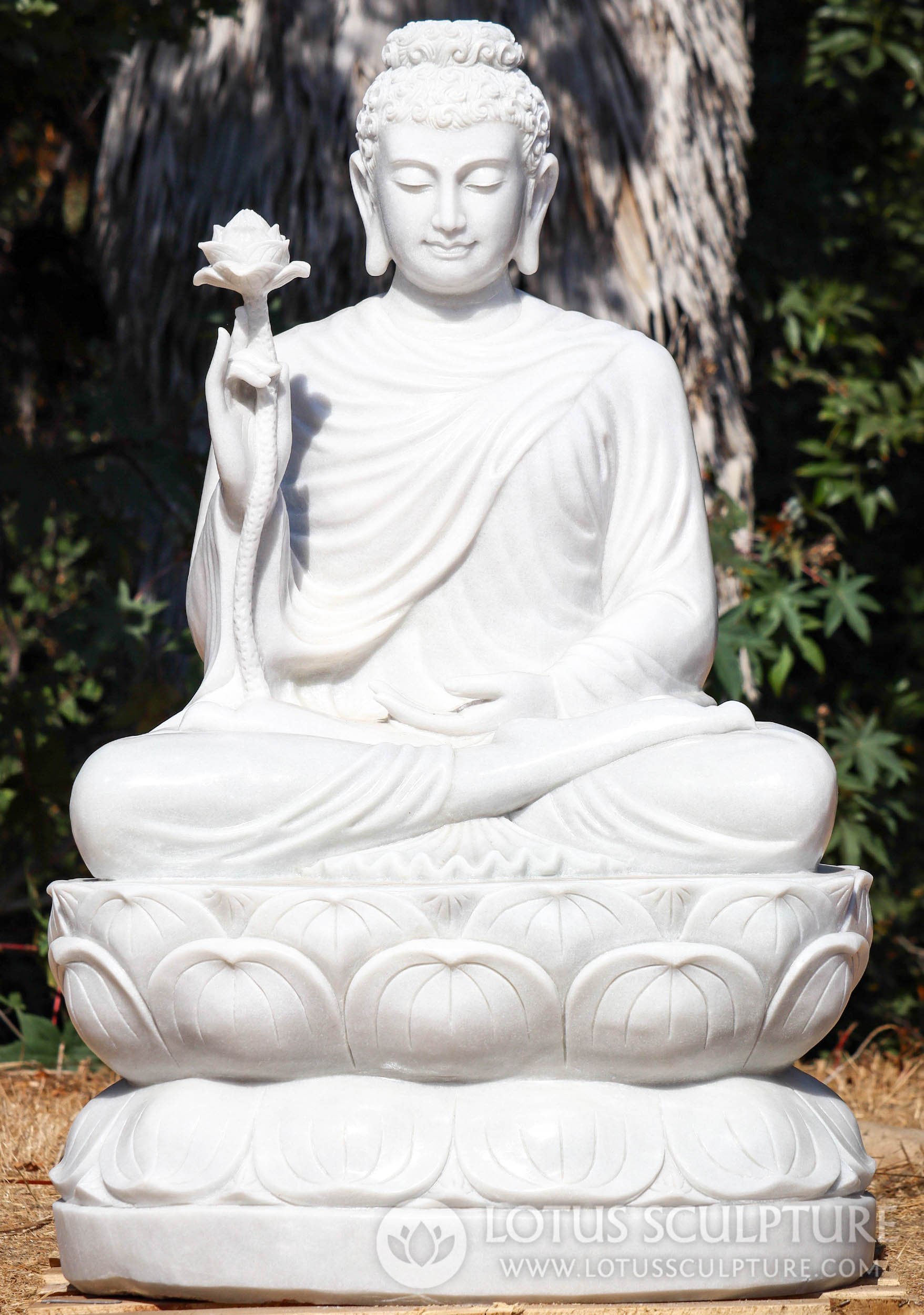 Buddha Garden Sculpture White Marble Holding Lotus Flower with Meditative Dhyana Mudra 47"