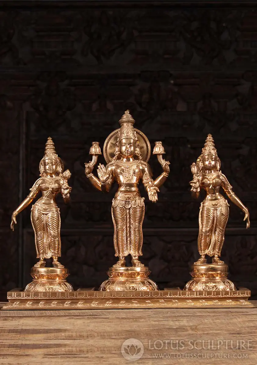 Surya Statue Holding 2 Lotus Flowers with Saranyu & Chhaya Cast in Bronze in South India 20"