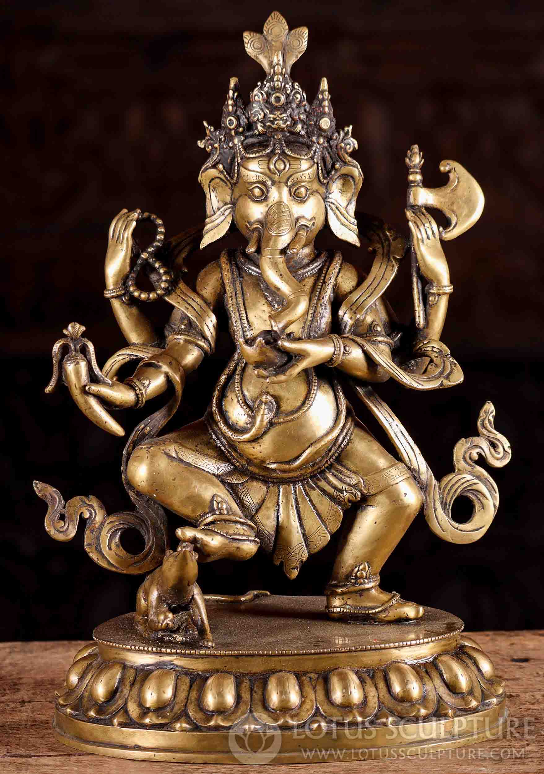 Ganesha Statue with Axe and Radish Dancing on Lotus Base Nepalese Brass 17"