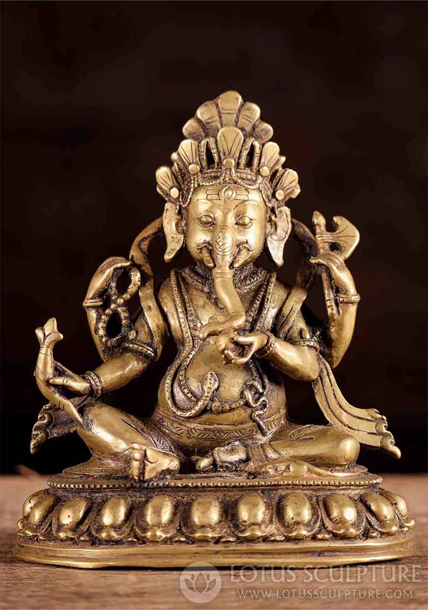 Ganesha Brass Statue Holding Radish, Mala, and Axe, Lalitasana on Lotus Base, Nepal 6.5"