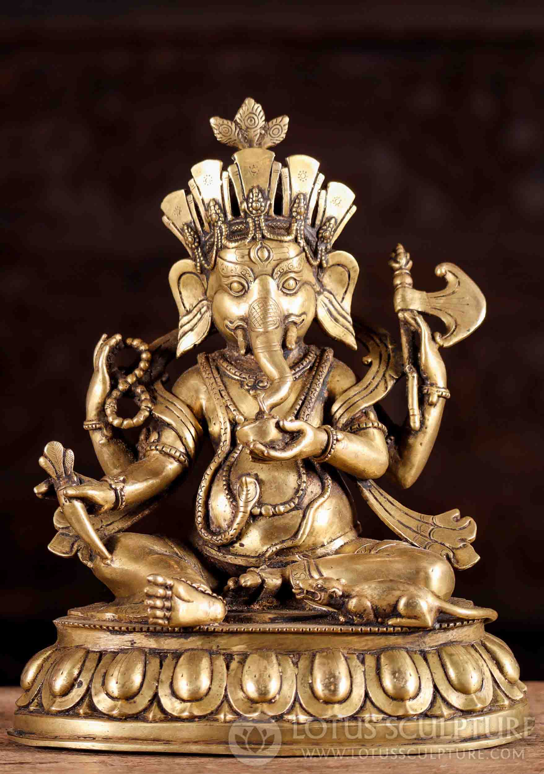 Ganesha Statue Golden Brass Holding Radish and Axe, Seated on a Lotus, Nepal 12.5"