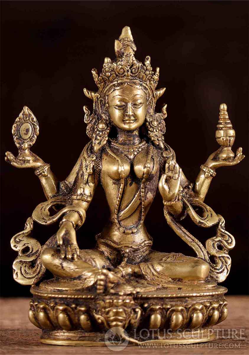 Lakshmi Brass Statue in Abhaya and Varada Mudras, with Good Luck Turtle, Nepal 6.5"