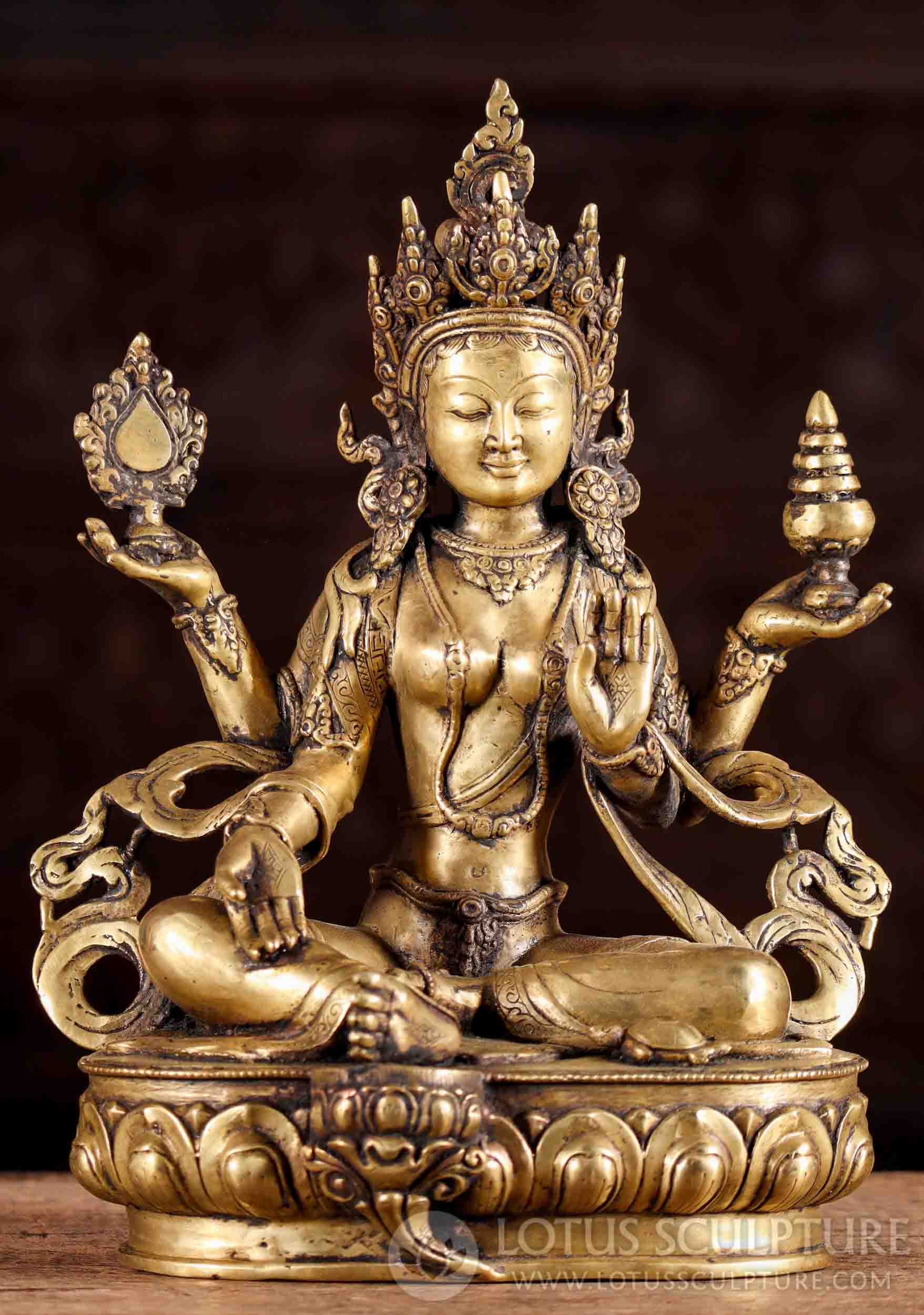 Lakshmi Statue Golden Brass with Good Luck Turtle, Seated on Lotus Base , Nepal 13"