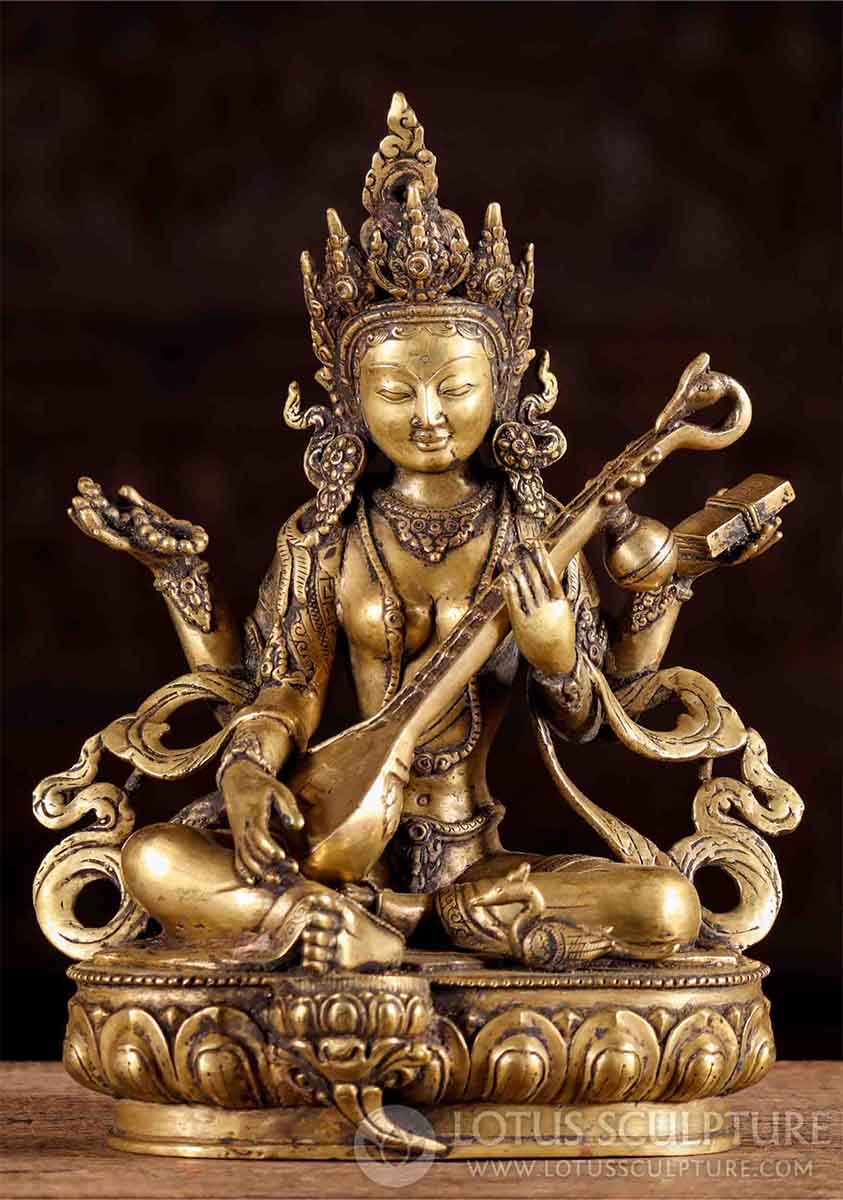 Saraswati Brass Statue Playing Veena with Swan, Nepalese Handcrafted Sculpture 13"