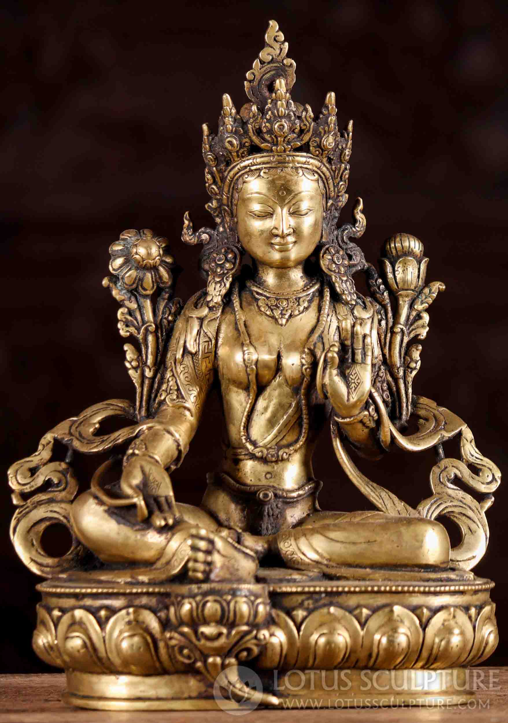 Devi Tara Brass Statue in Lalitasana with Vitarka Mudra and Blooming Flowers, Nepal 13"