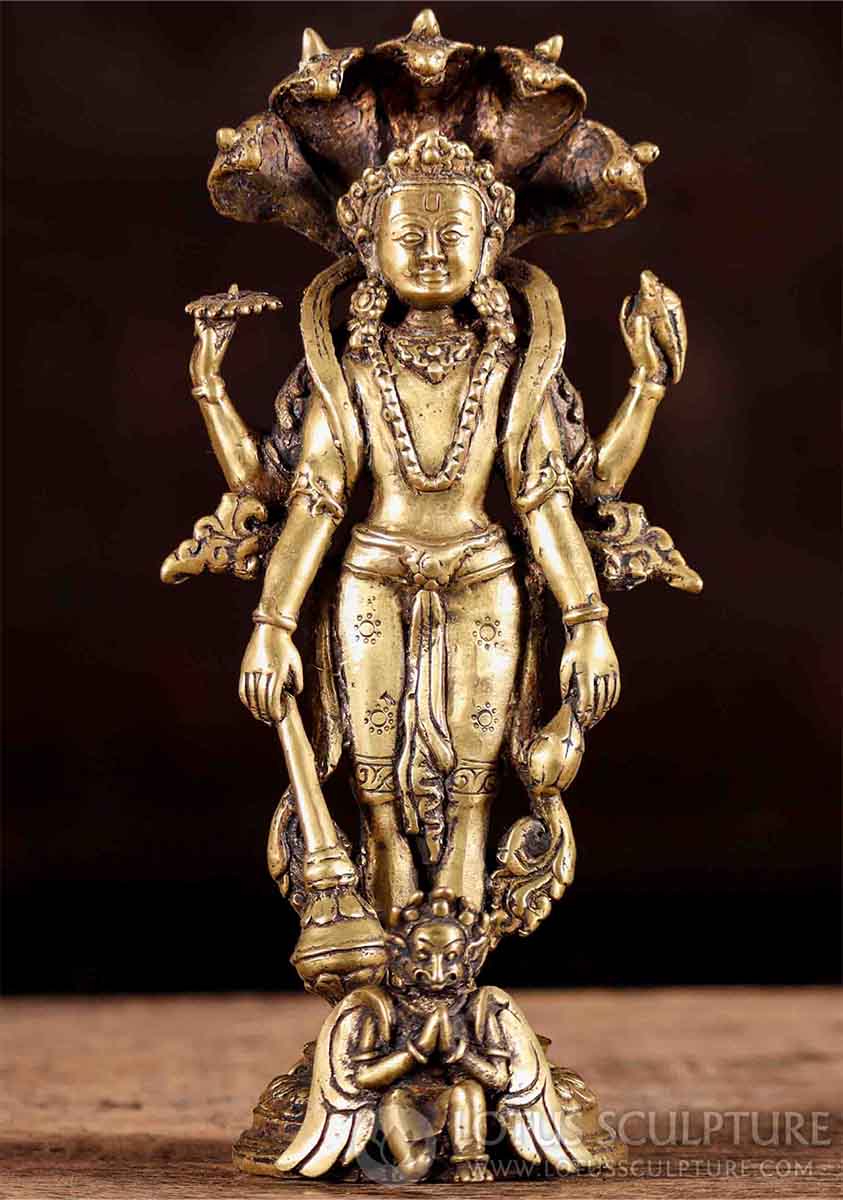 Vishnu Statue Standing Under Ananta Sesha with Garuda, Nepalese Brass Gold Finish 7.5"