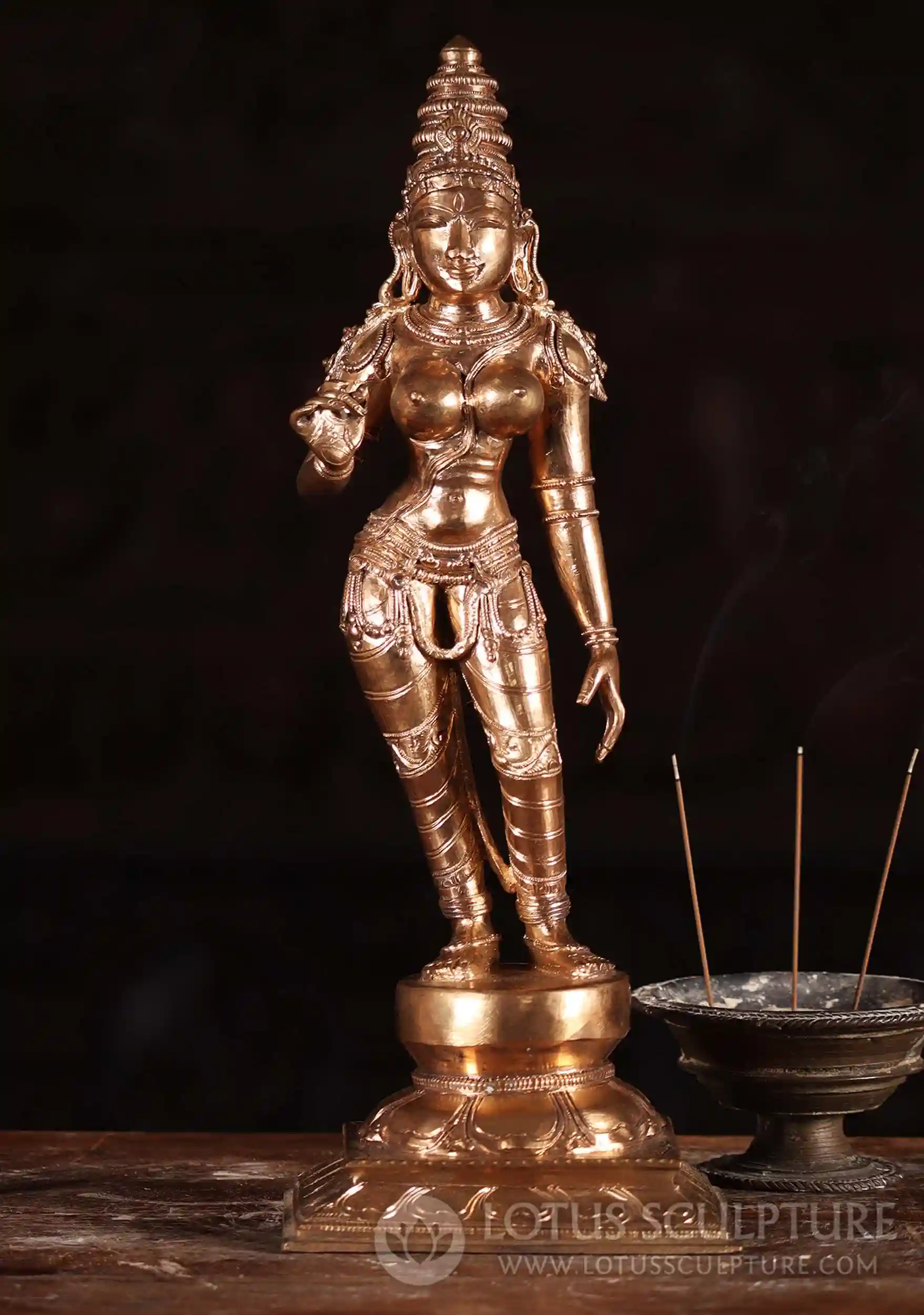 Parvati as Shivakami Panchaloha Bronze Goddess Statue Standing on Lotus Base 14.5"