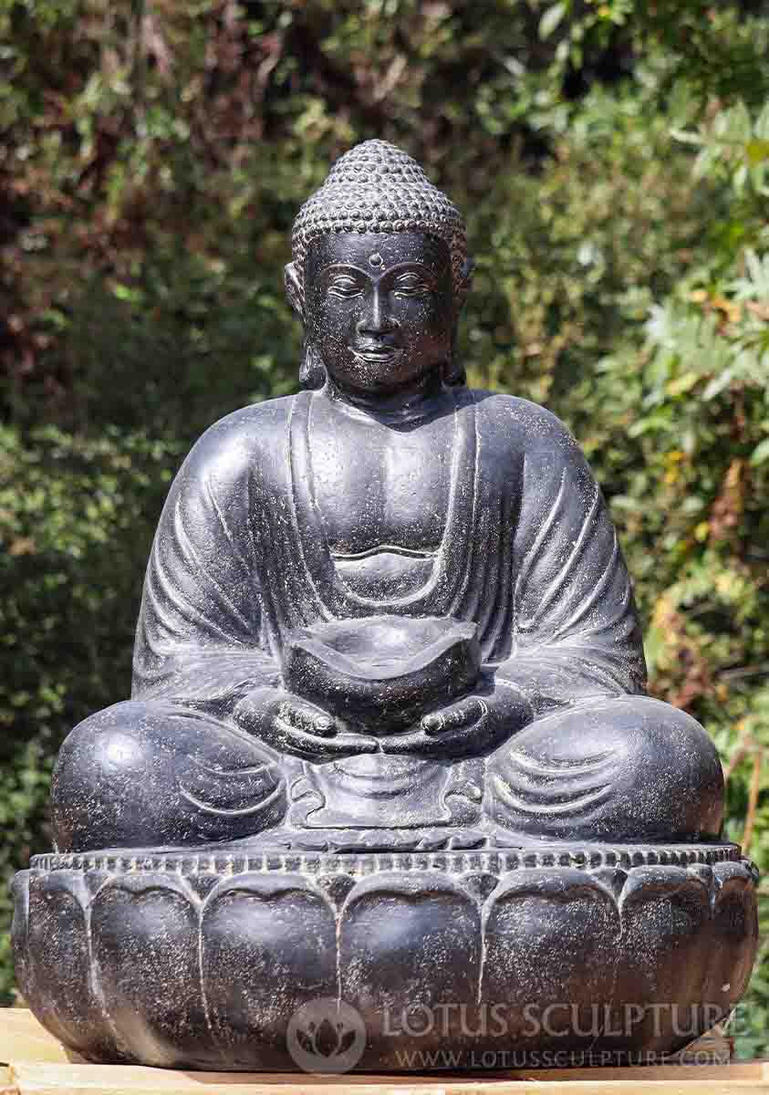 Buddha Fountain Seated in Full Lotus with Vessel Tranquil Water Feature for Garden 40"