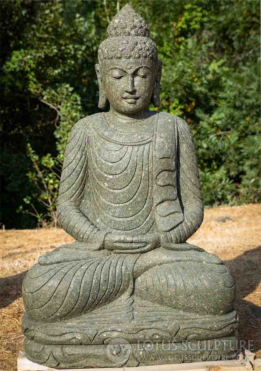 Buddha Garden Sculpture in Dhyana Mudra, Full Lotus Position in Green Lava Stone 43"